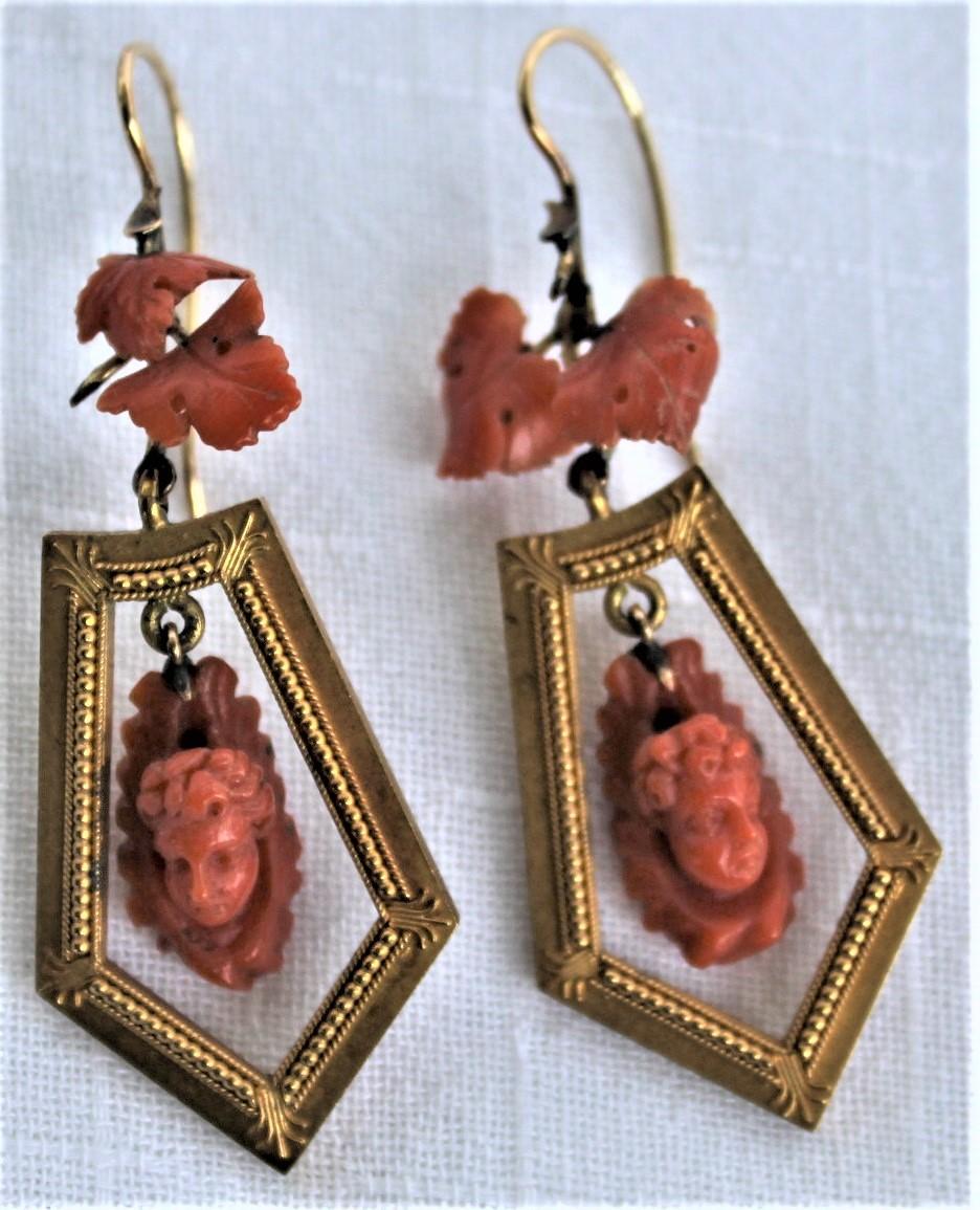 19th Century Antique Ladies Carved Coral Cherub & 14-Karat Yellow Gold Brooch & Earrings Set For Sale