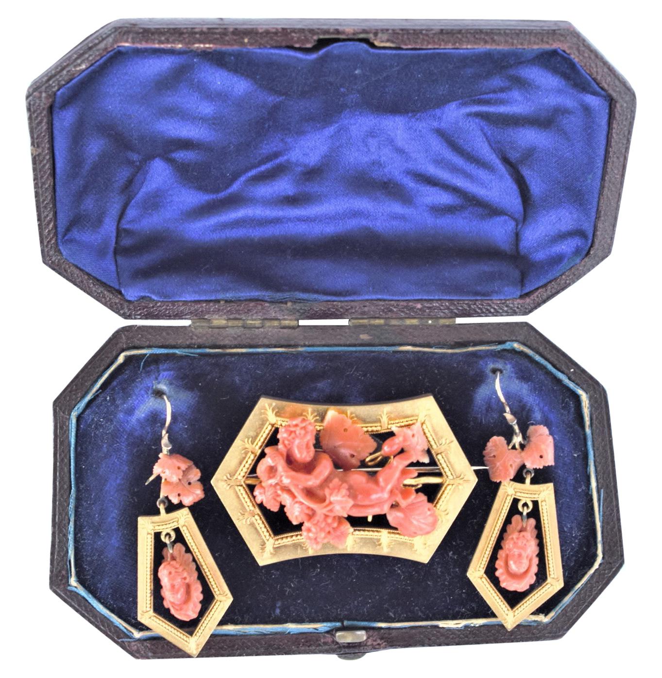 Antique Ladies Carved Coral Cherub & 14-Karat Yellow Gold Brooch & Earrings Set For Sale