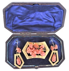 Antique Ladies Carved Coral Cherub & 14-Karat Yellow Gold Brooch & Earrings Set