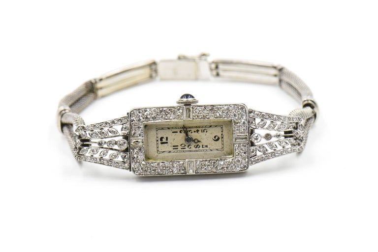 Old Mine Cut Antique Ladies Elongated Diamond Platinum and Gold Wrist Watch For Sale
