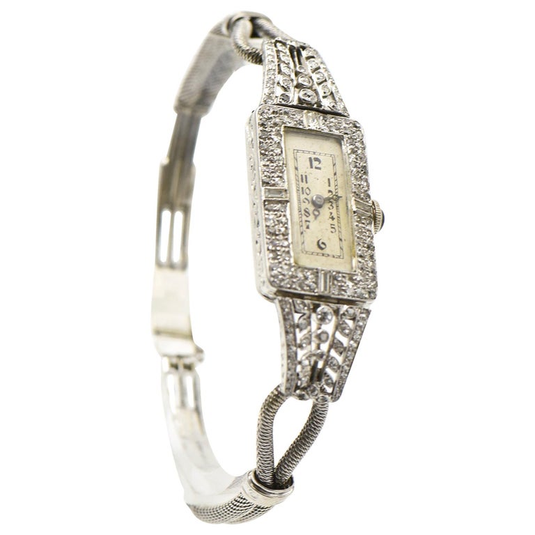 Antique Ladies Elongated Diamond Platinum and Gold Wrist Watch For Sale