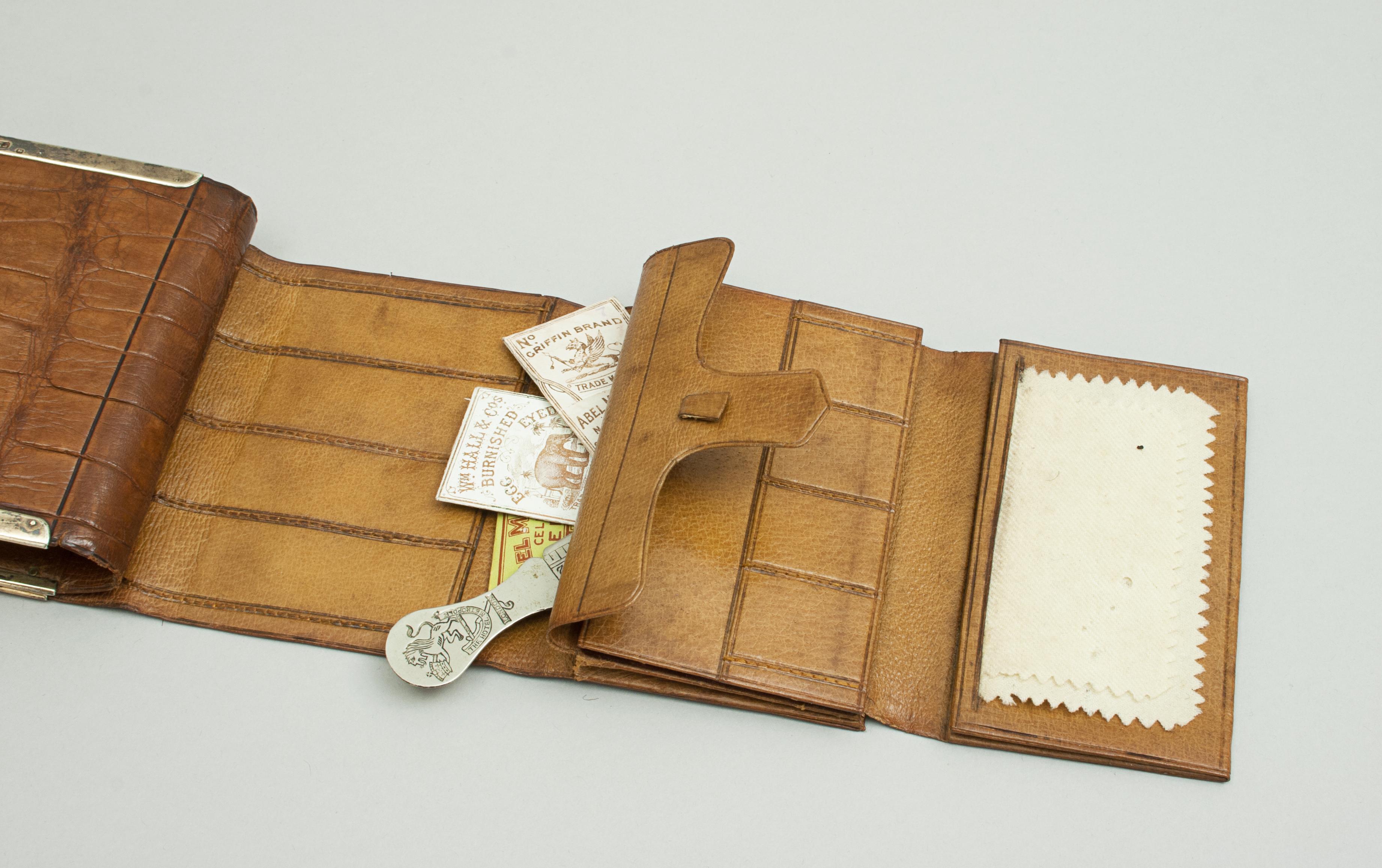 Antique Ladies Folding Crocodile Purse, Sewing Kit. For Sale 3