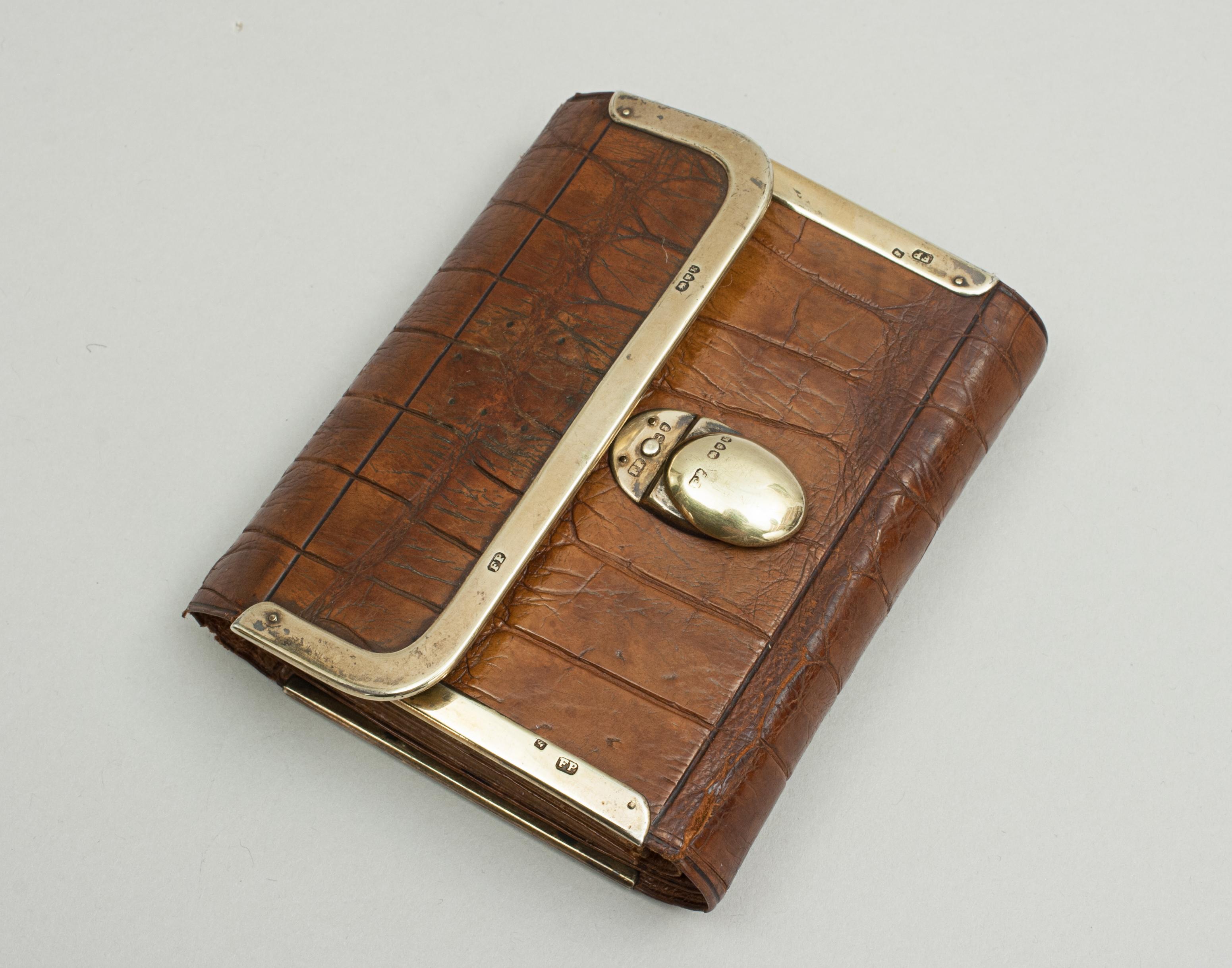 Victorian Antique Ladies Folding Crocodile Purse, Sewing Kit. For Sale