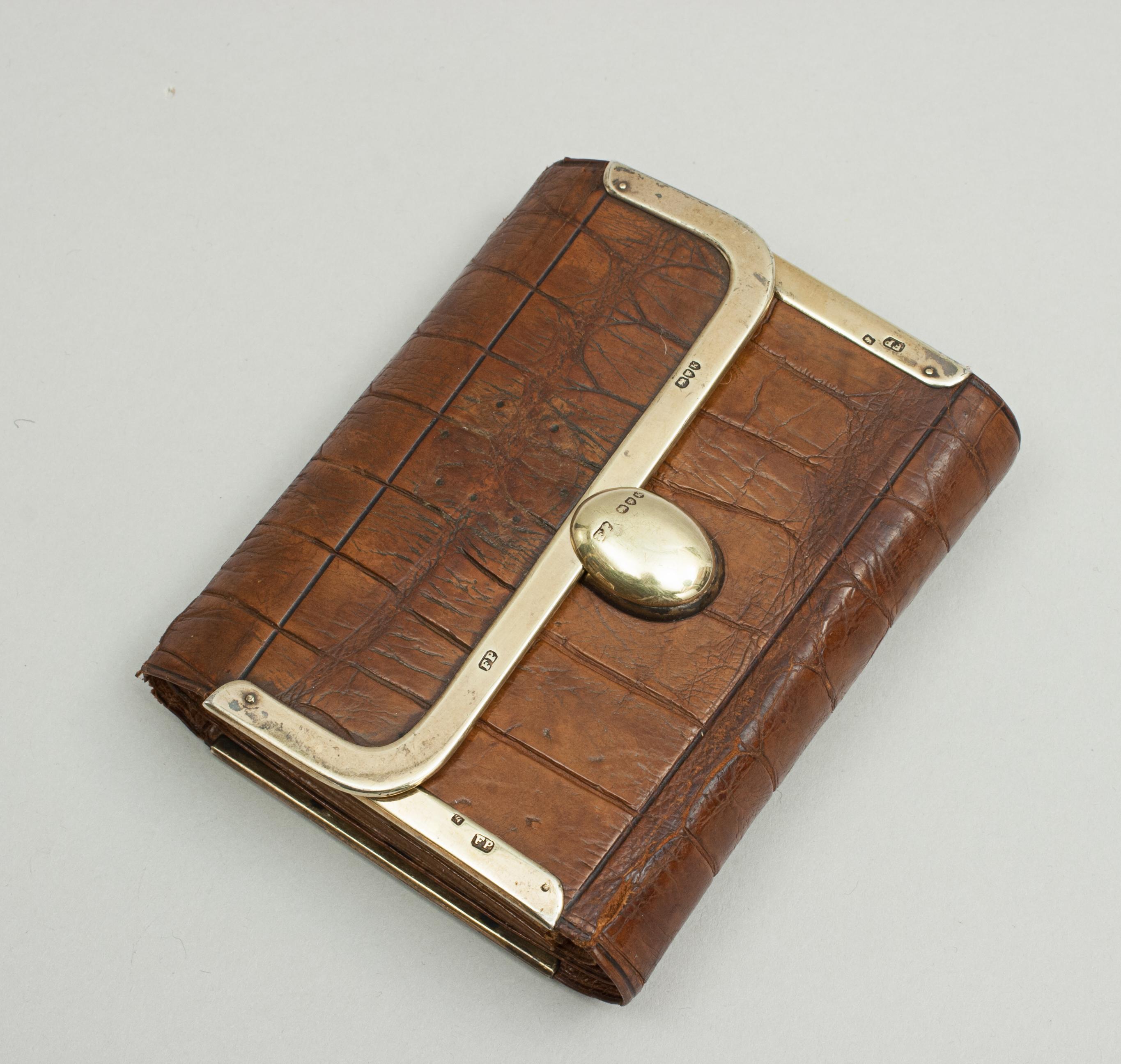 British Antique Ladies Folding Crocodile Purse, Sewing Kit. For Sale