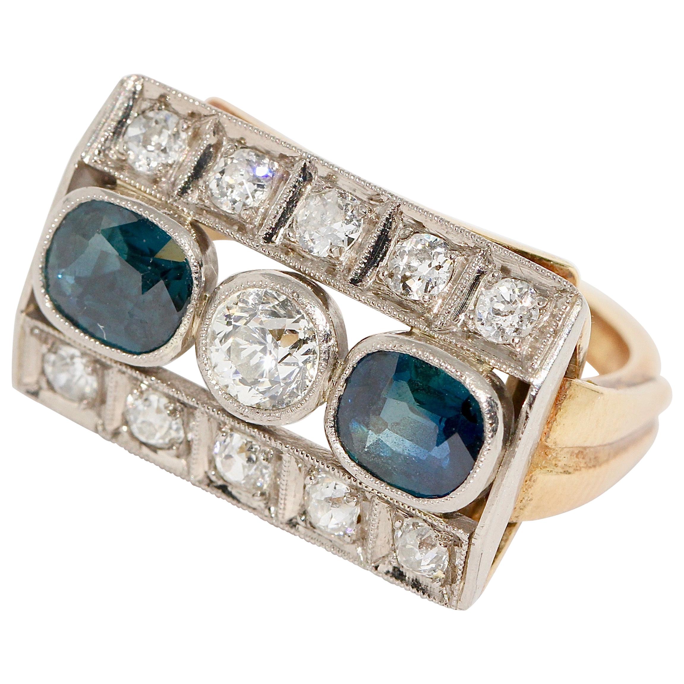 Antique Ladies Gold Ring, with Sapphires and Diamonds For Sale