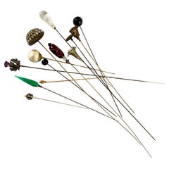 Antique Ladies Hat Pins Collection, Brass & Glass, 1900-1920
