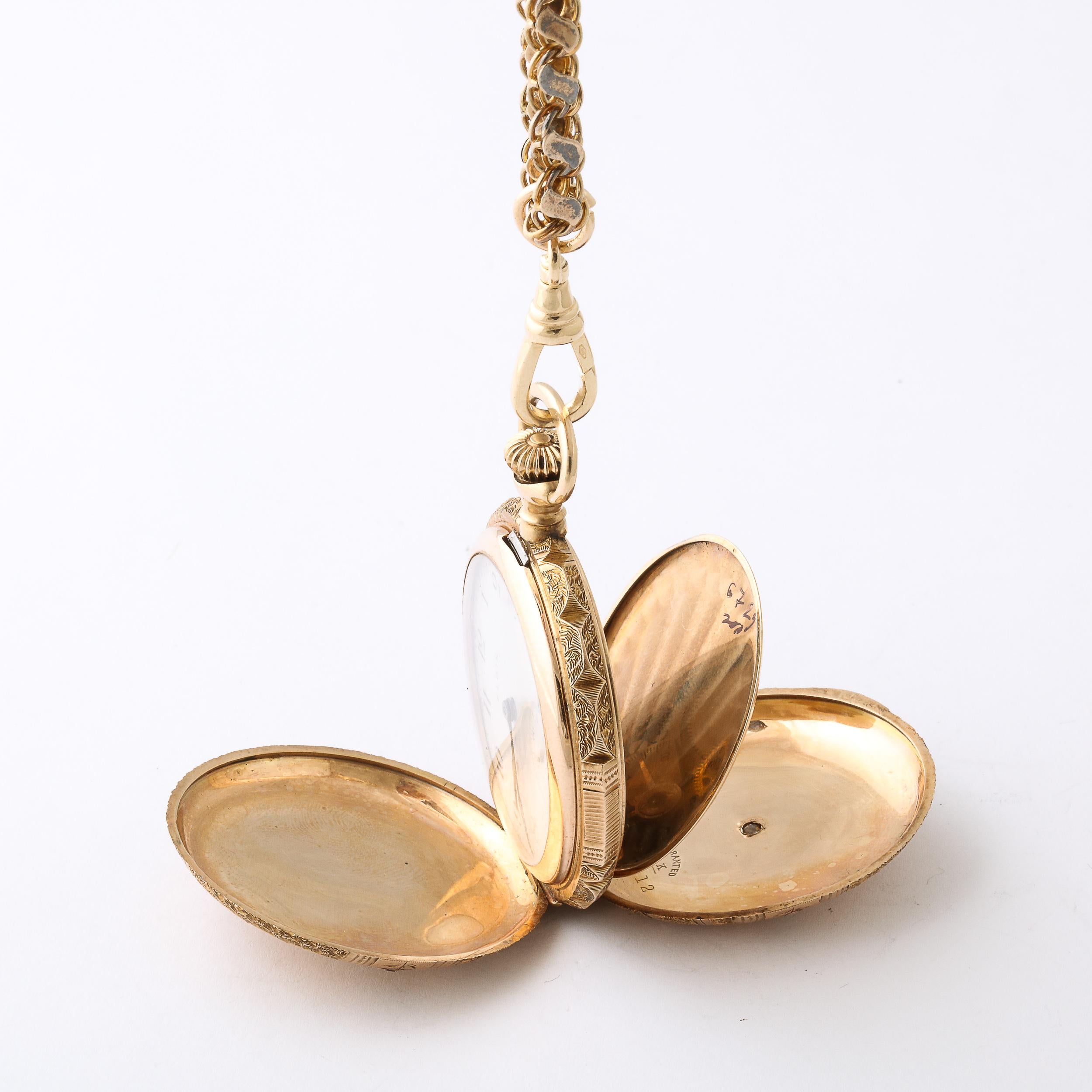 Elgin, montre de poche ancienne chasseur pour femmes en or 4 couleurs et chaîne en or 18 carats en vente 5