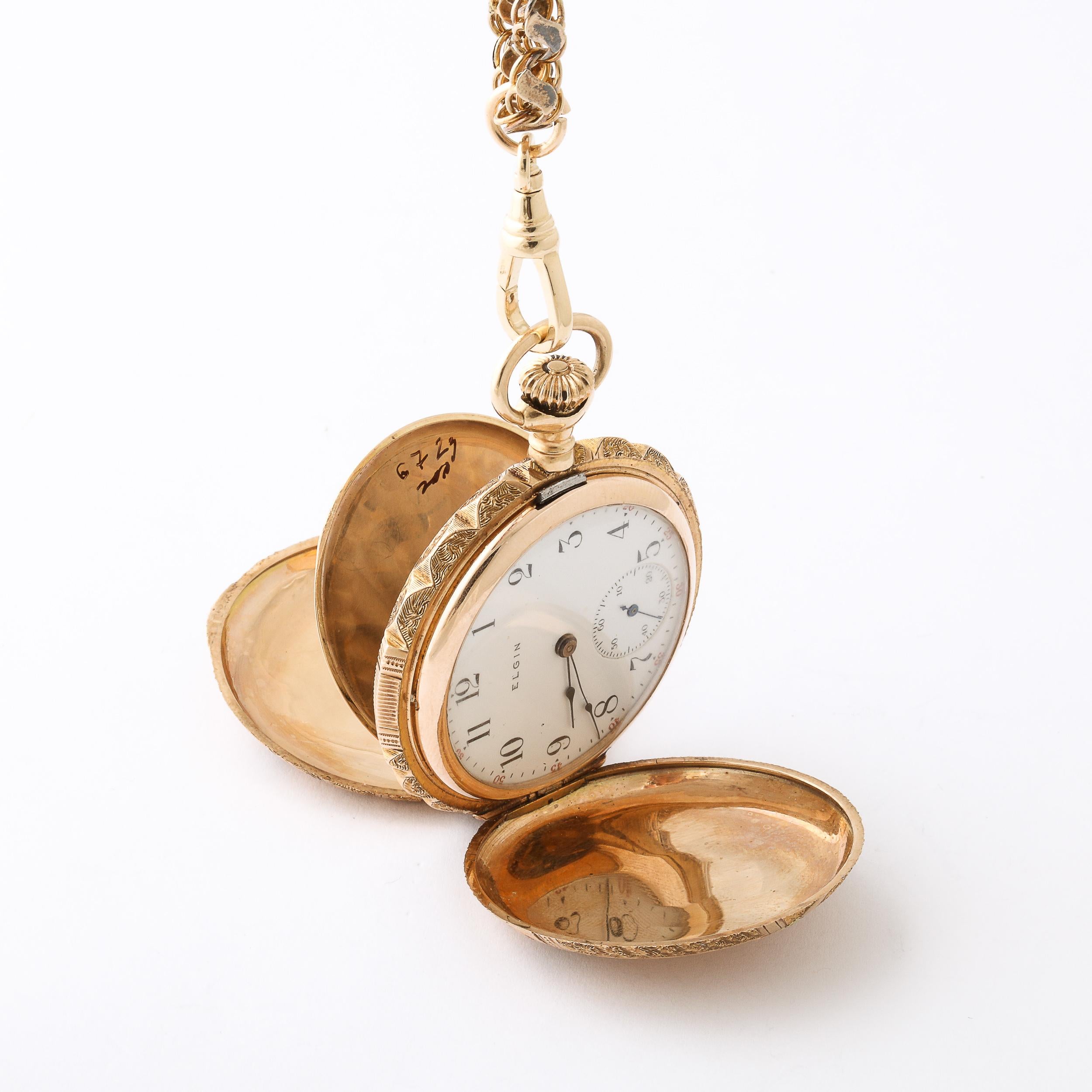 Antique Ladies Hunter Elgin 4 Color Gold Pocket Watch and 18k Gold Chain For Sale 4