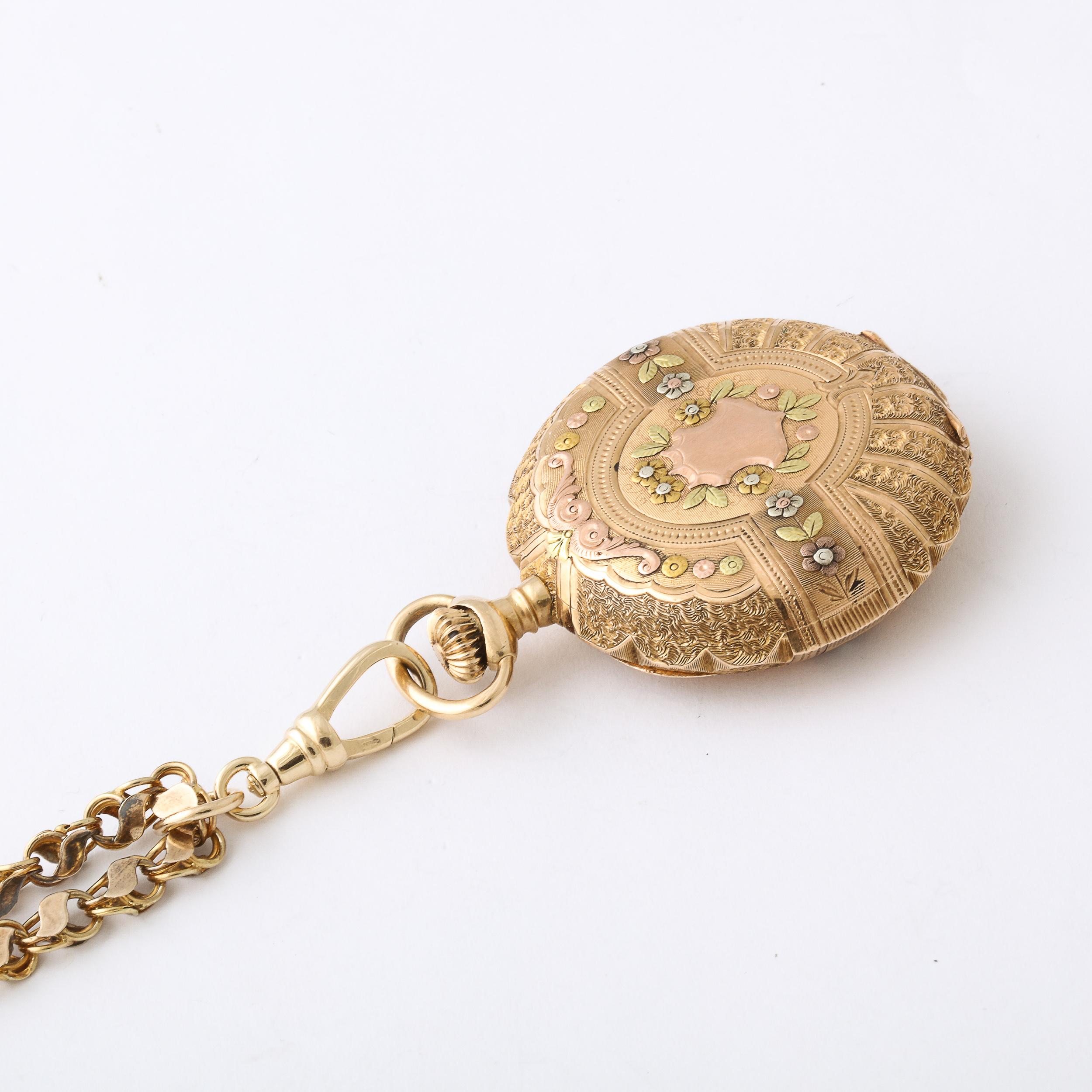 Elgin, montre de poche ancienne chasseur pour femmes en or 4 couleurs et chaîne en or 18 carats en vente 7