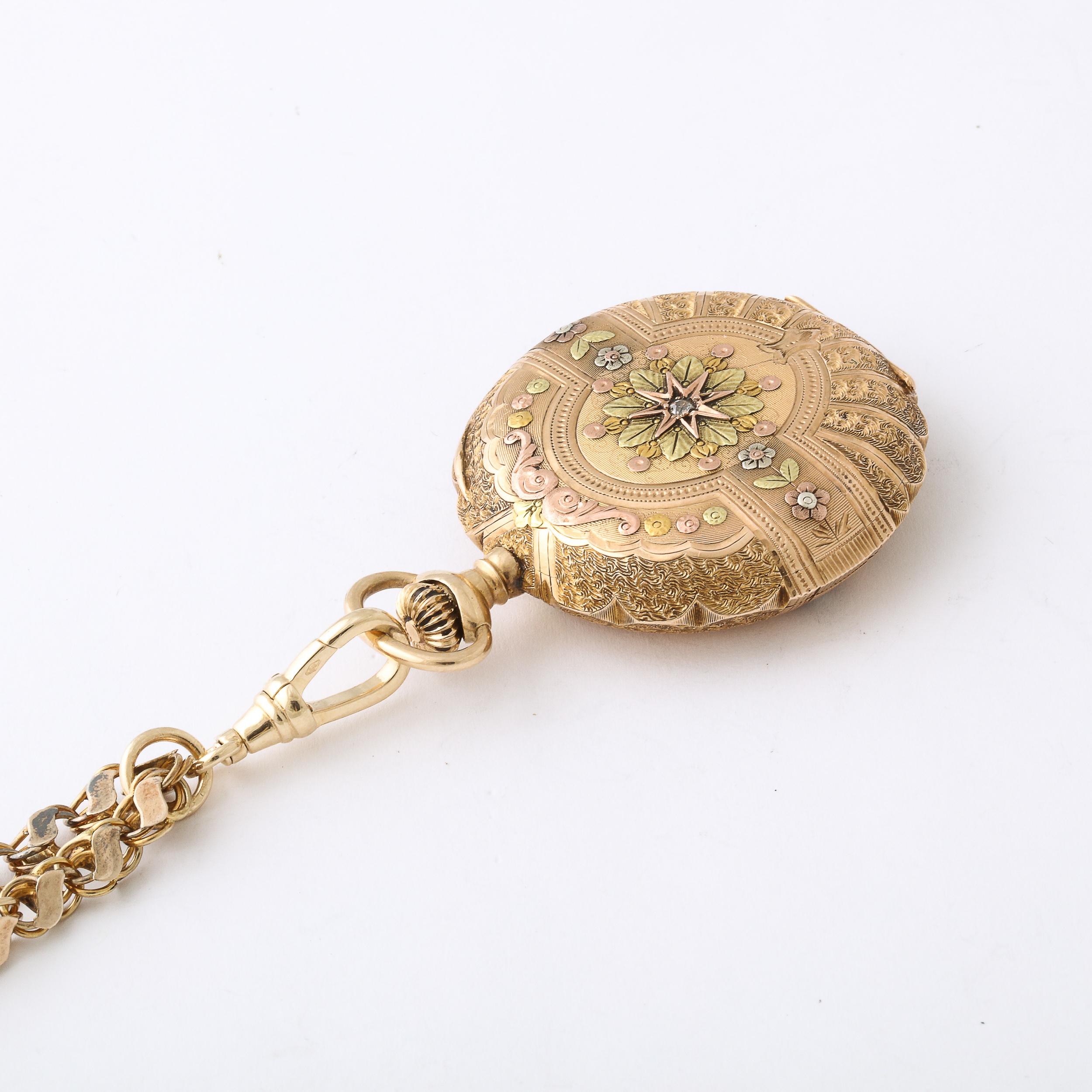 Antike Damen- Hunter Elgin 4farbige Gold-Taschenuhr und 18k Goldkette im Angebot 8