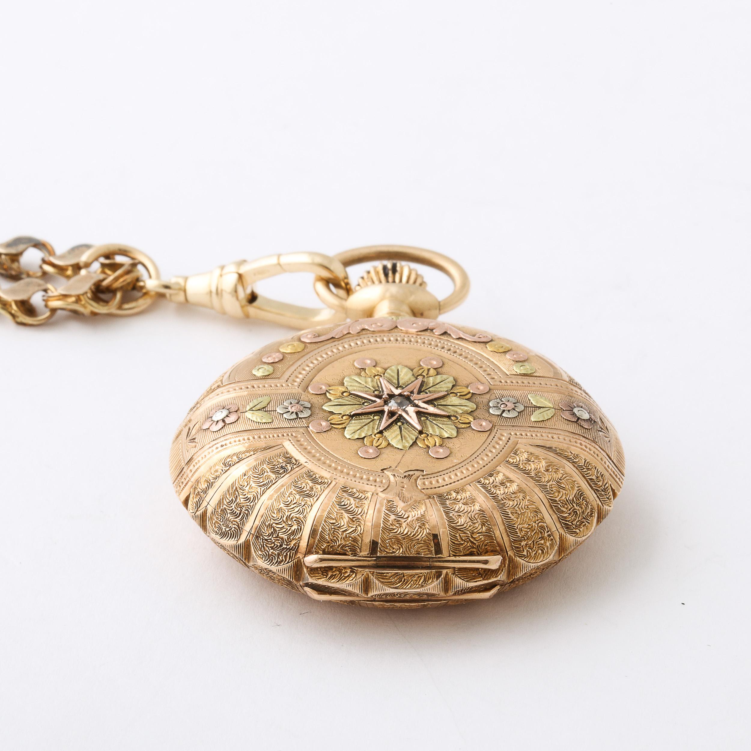 Antike Damen- Hunter Elgin 4farbige Gold-Taschenuhr und 18k Goldkette im Angebot 9