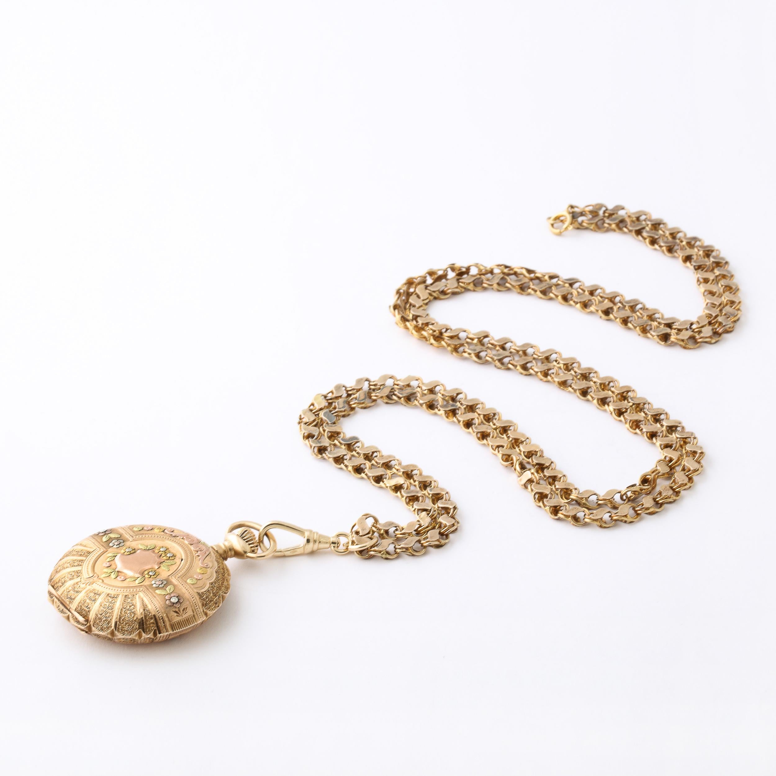 Antike Damen- Hunter Elgin 4farbige Gold-Taschenuhr und 18k Goldkette im Angebot 11