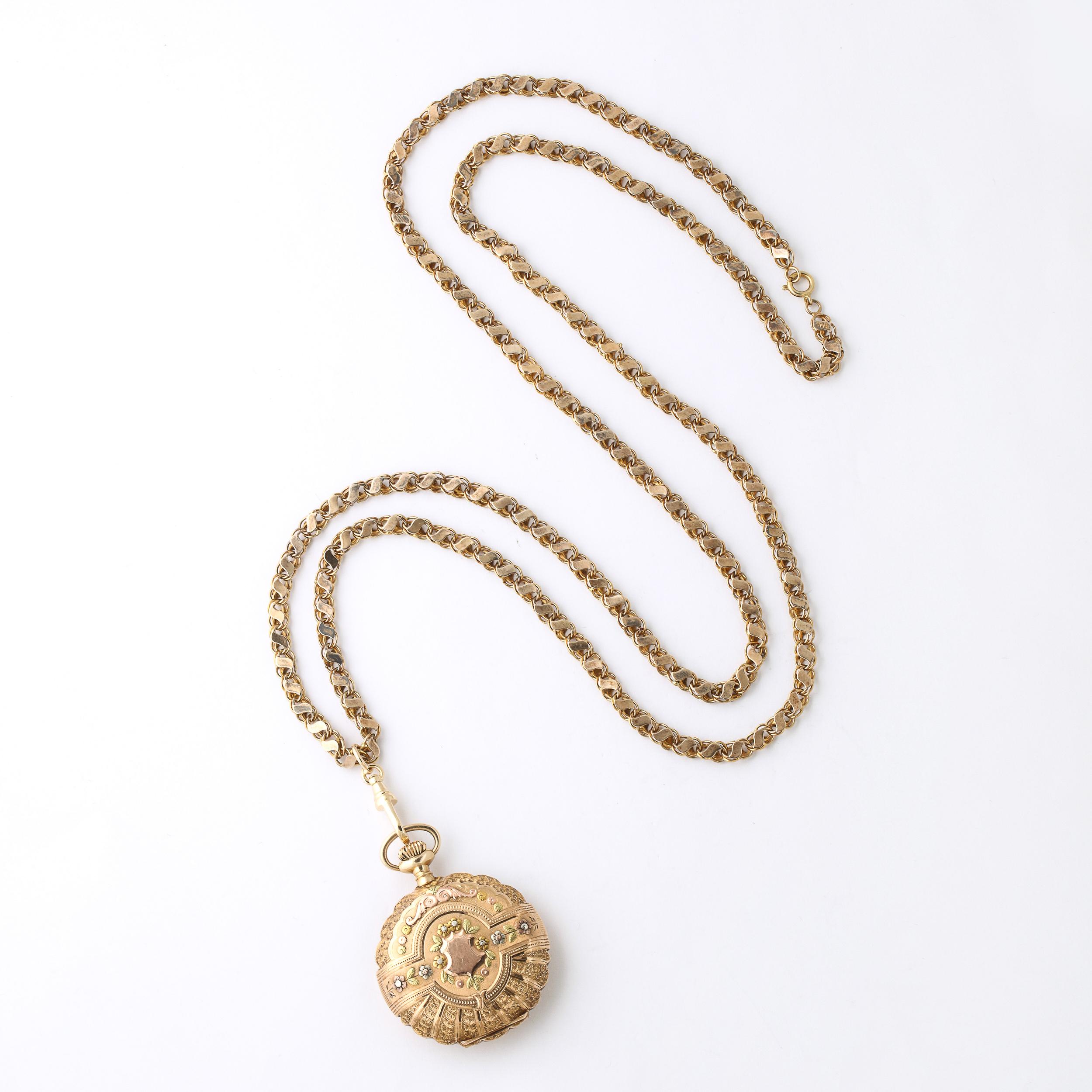 Antike Damen- Hunter Elgin 4farbige Gold-Taschenuhr und 18k Goldkette im Angebot 12
