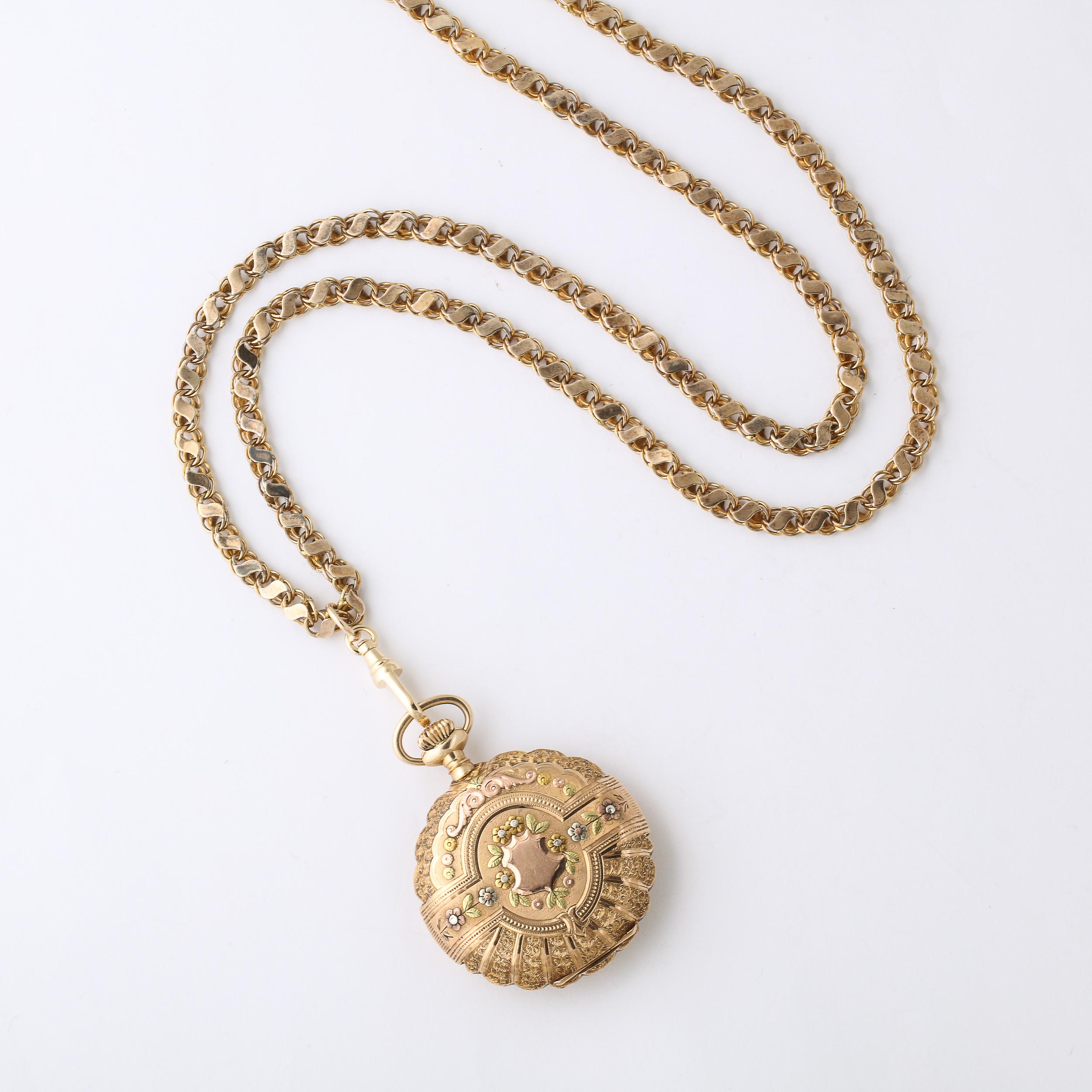 Antike Damen- Hunter Elgin 4farbige Gold-Taschenuhr und 18k Goldkette im Angebot 13