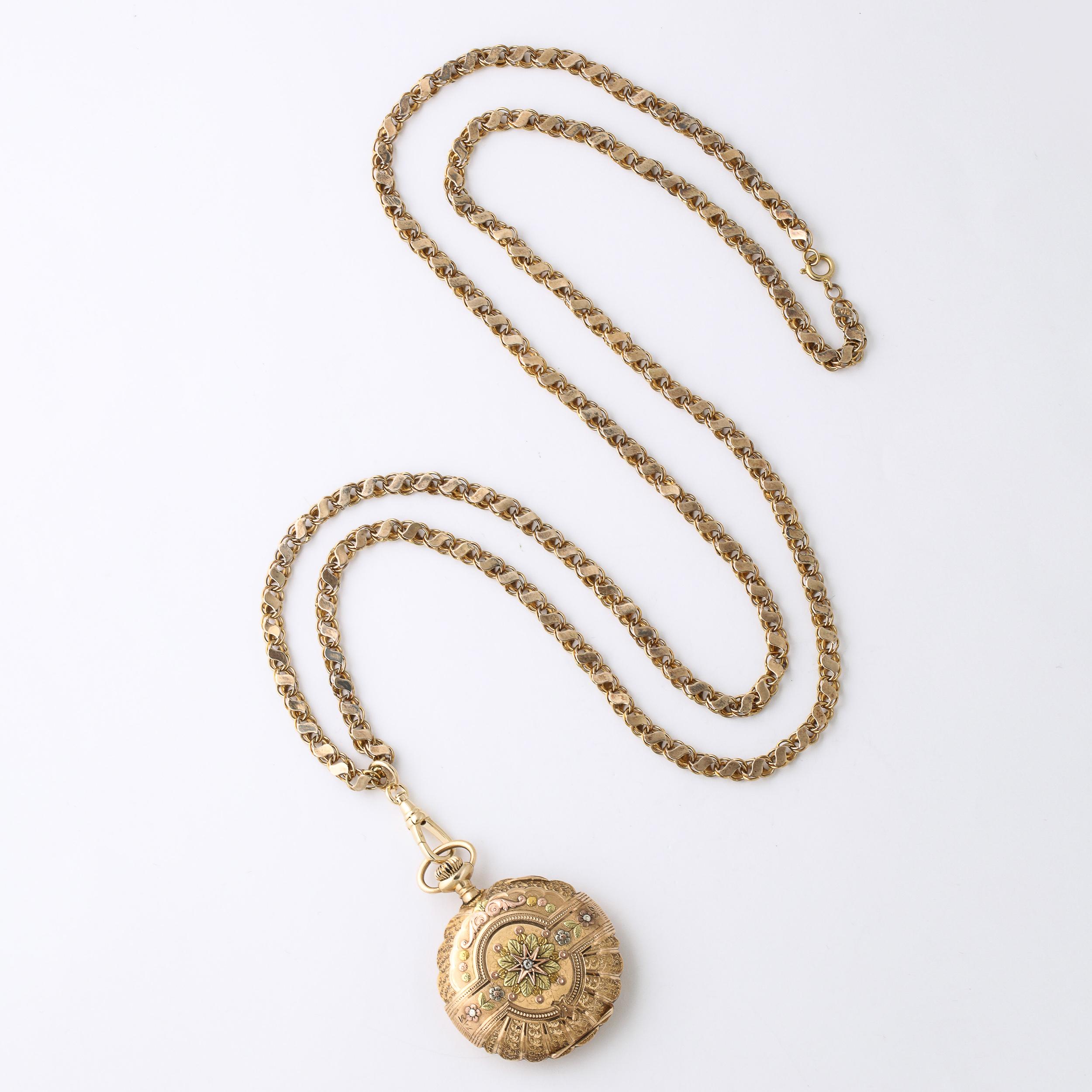 Antike Damen- Hunter Elgin 4farbige Gold-Taschenuhr und 18k Goldkette im Angebot 14