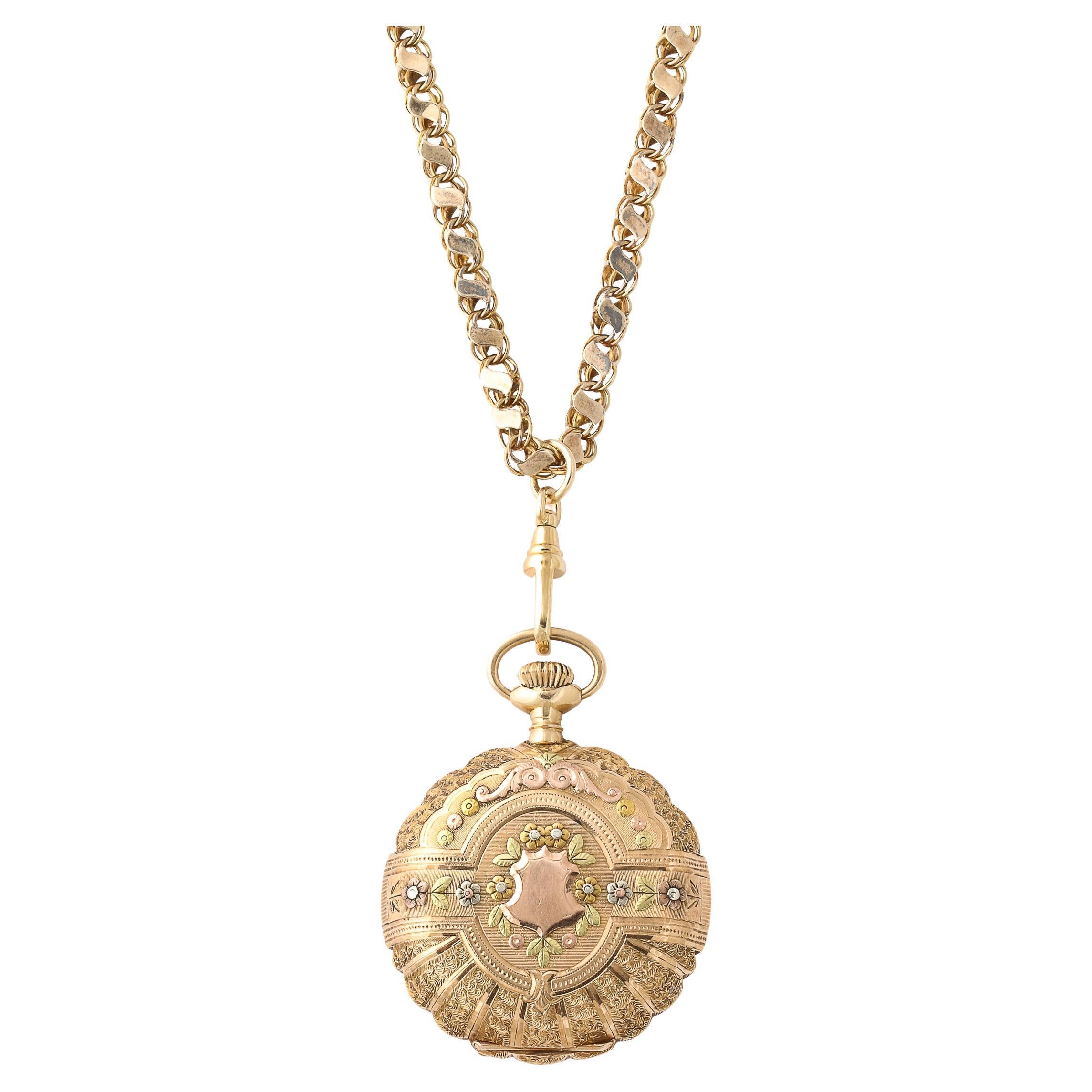 Victorien tardif Elgin, montre de poche ancienne chasseur pour femmes en or 4 couleurs et chaîne en or 18 carats en vente