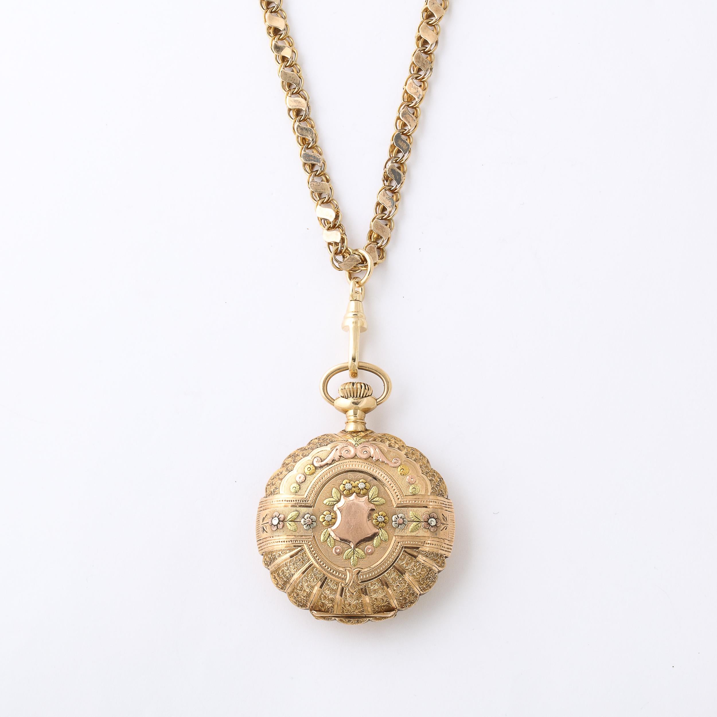Elgin, montre de poche ancienne chasseur pour femmes en or 4 couleurs et chaîne en or 18 carats Unisexe en vente