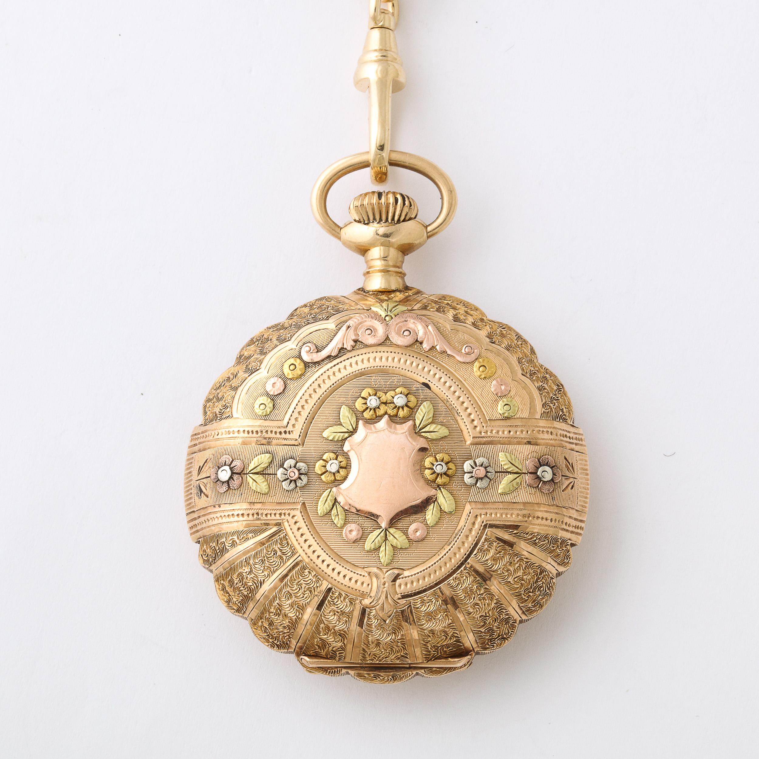 Antique Ladies Hunter Elgin 4 Color Gold Pocket Watch and 18k Gold Chain In Good Condition For Sale In New York, NY