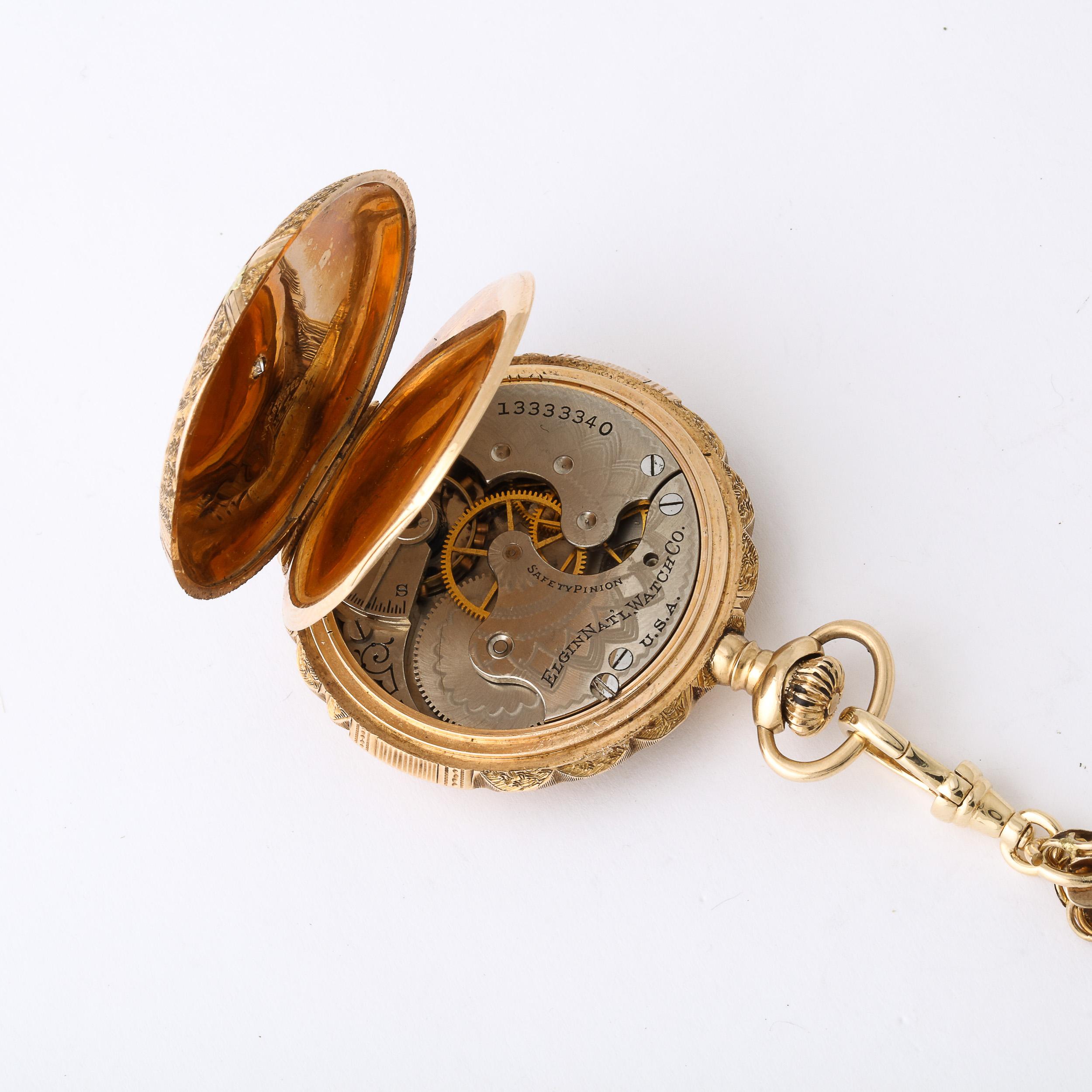 Antike Damen- Hunter Elgin 4farbige Gold-Taschenuhr und 18k Goldkette im Angebot 2