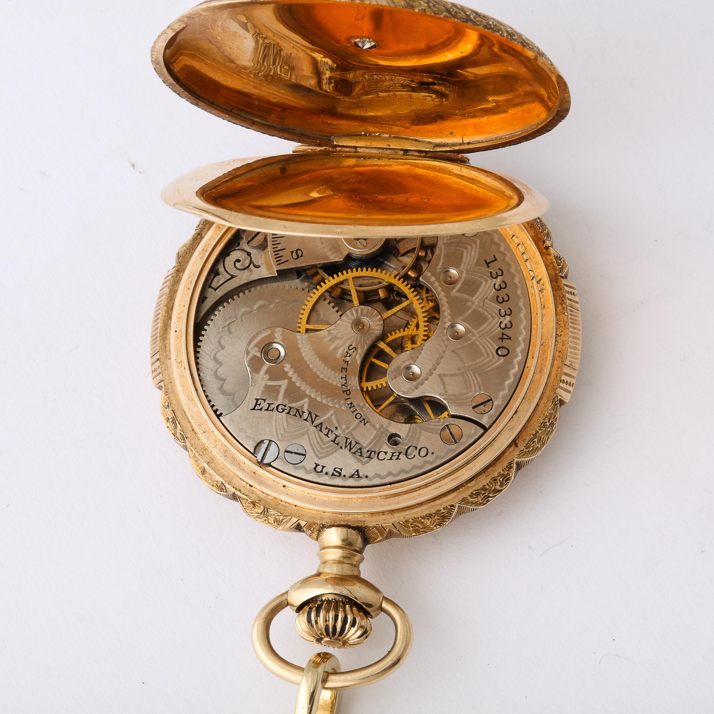 Antique Ladies Hunter Elgin 4 Color Gold Pocket Watch and 18k Gold Chain For Sale 1