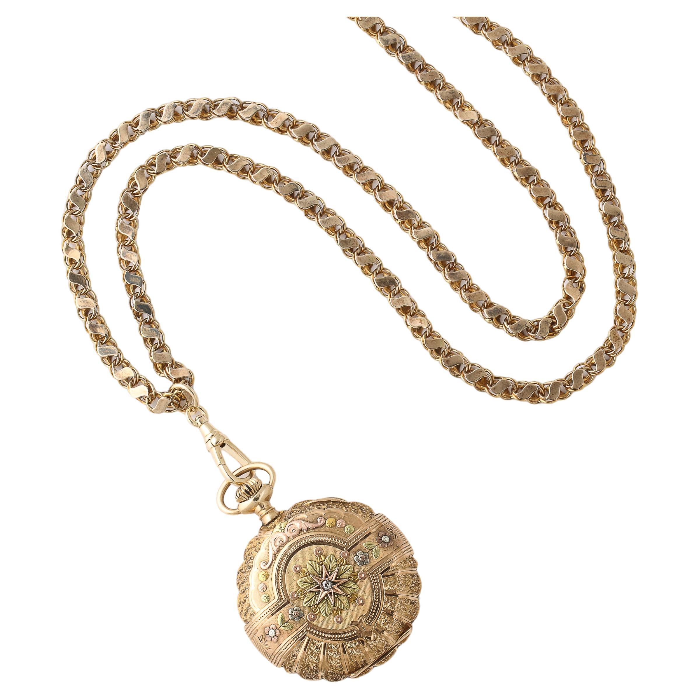Elgin, montre de poche ancienne chasseur pour femmes en or 4 couleurs et chaîne en or 18 carats en vente