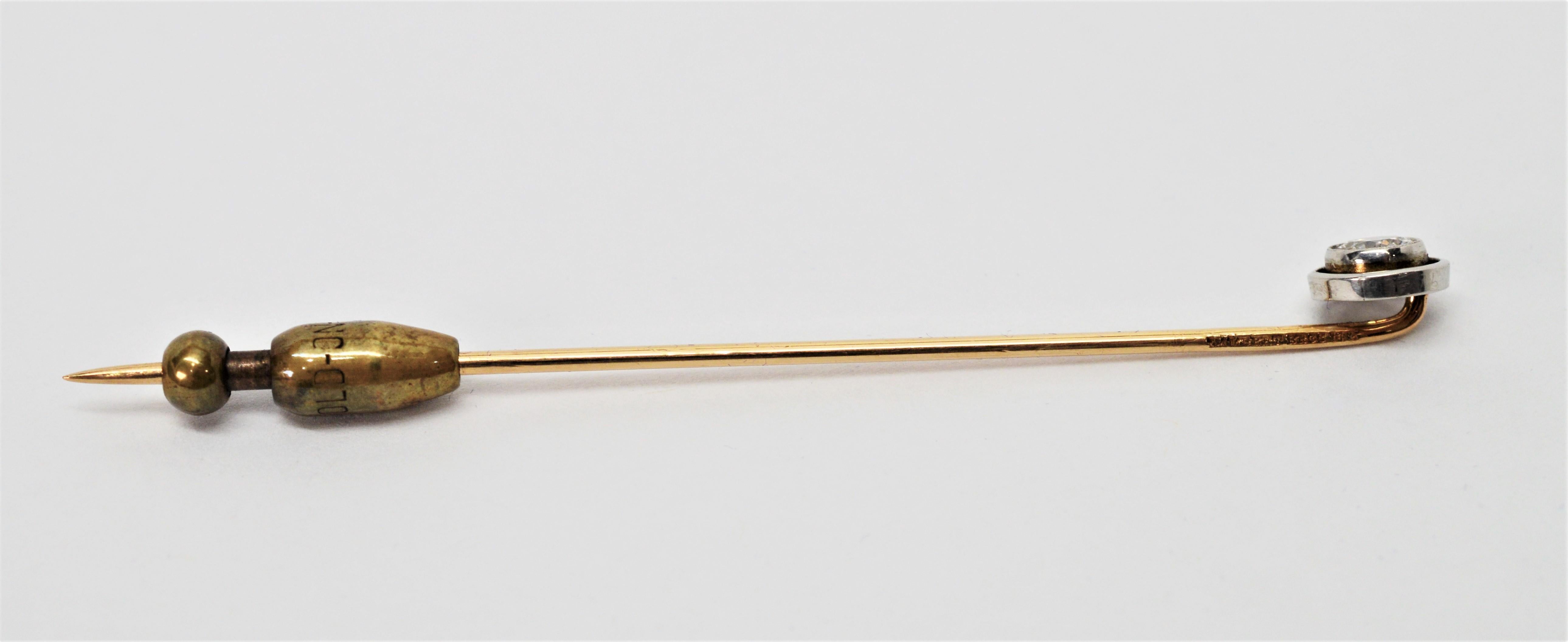 Antique Ladies Platinum 14 Karat Yellow Gold Diamond Stick Pin Brooch For Sale 2