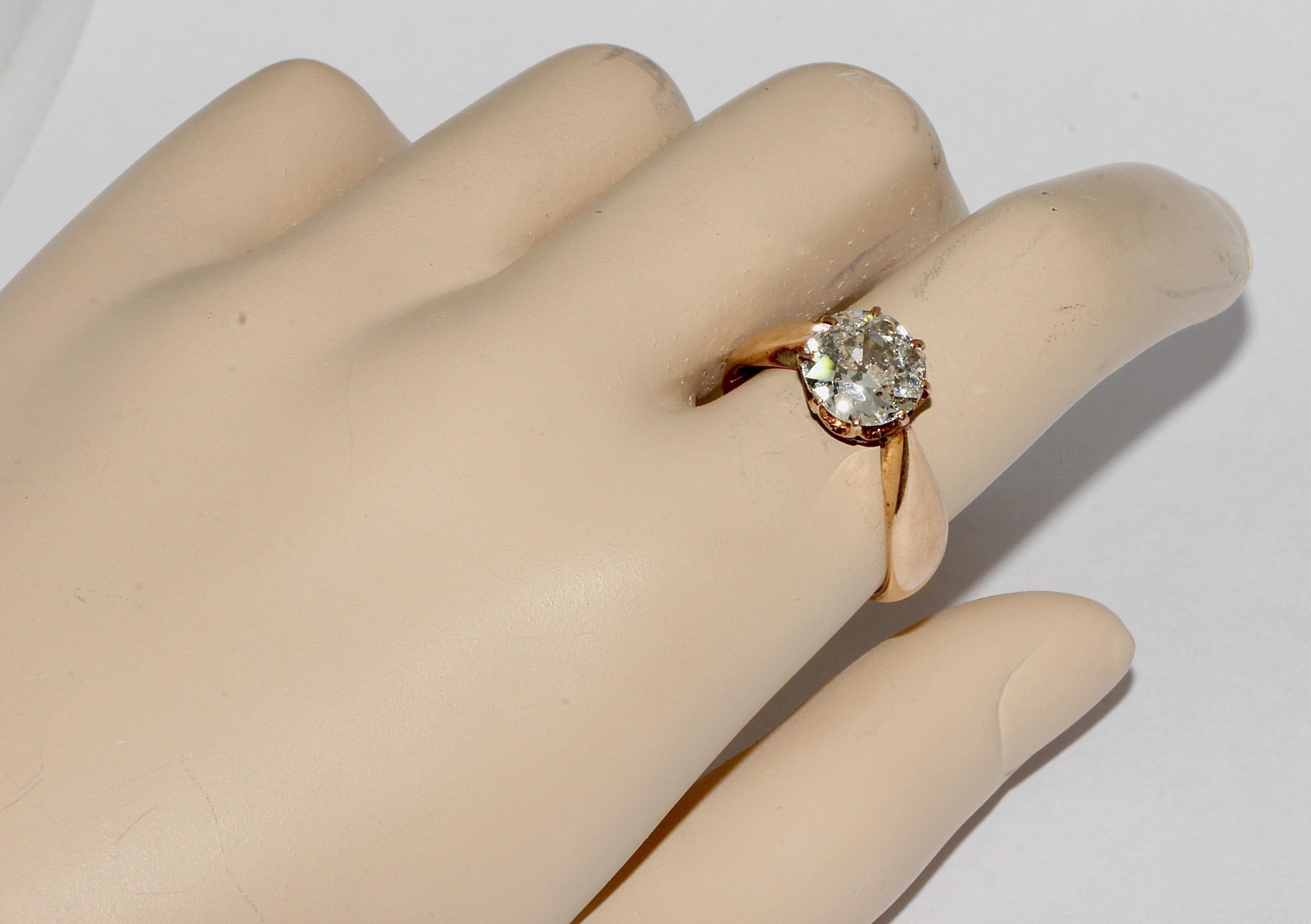 Victorian Antique Ladies Rose Gold Ring Set with a Large Old Cut Diamond, Solitaire