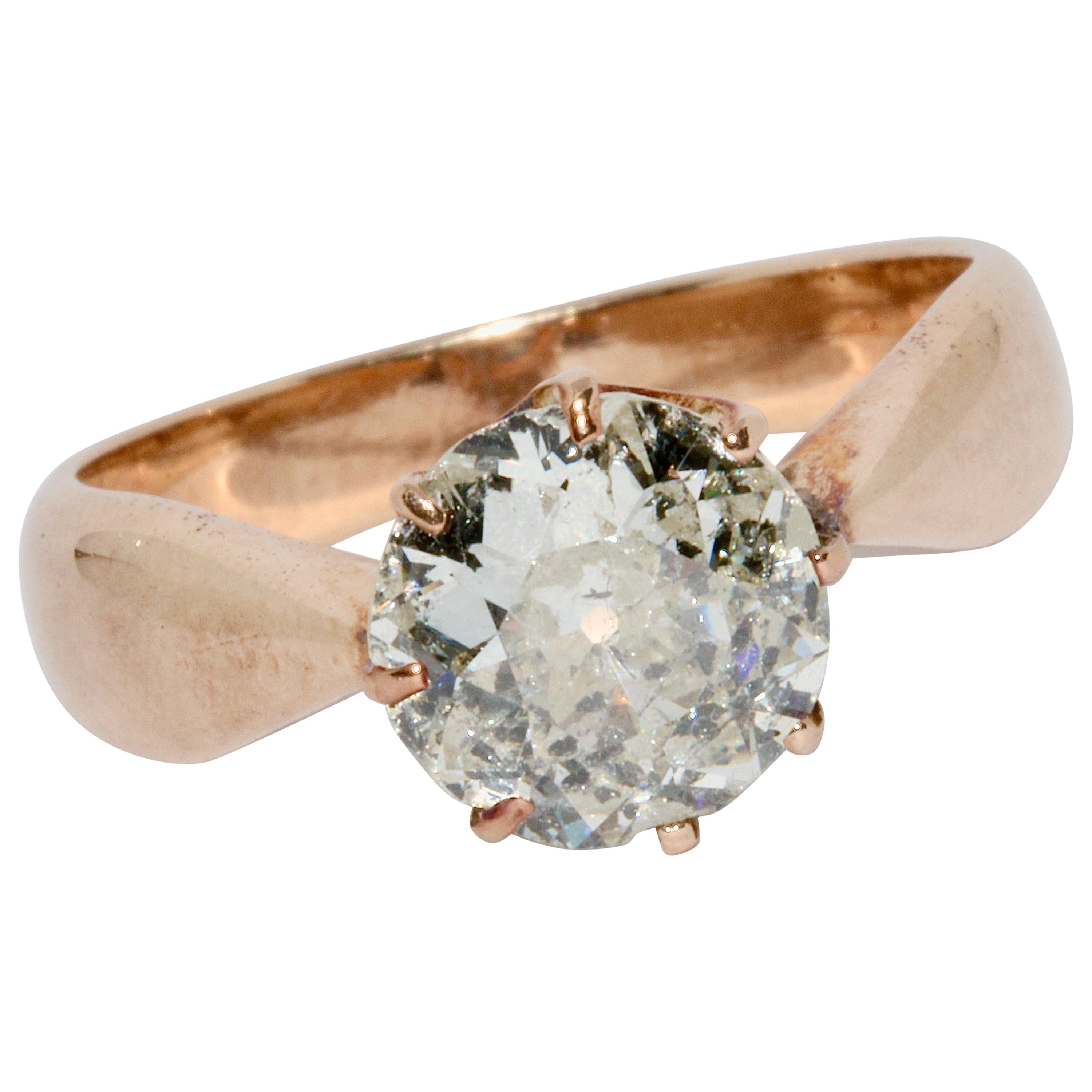 Antique Ladies Rose Gold Ring Set with a Large Old Cut Diamond, Solitaire