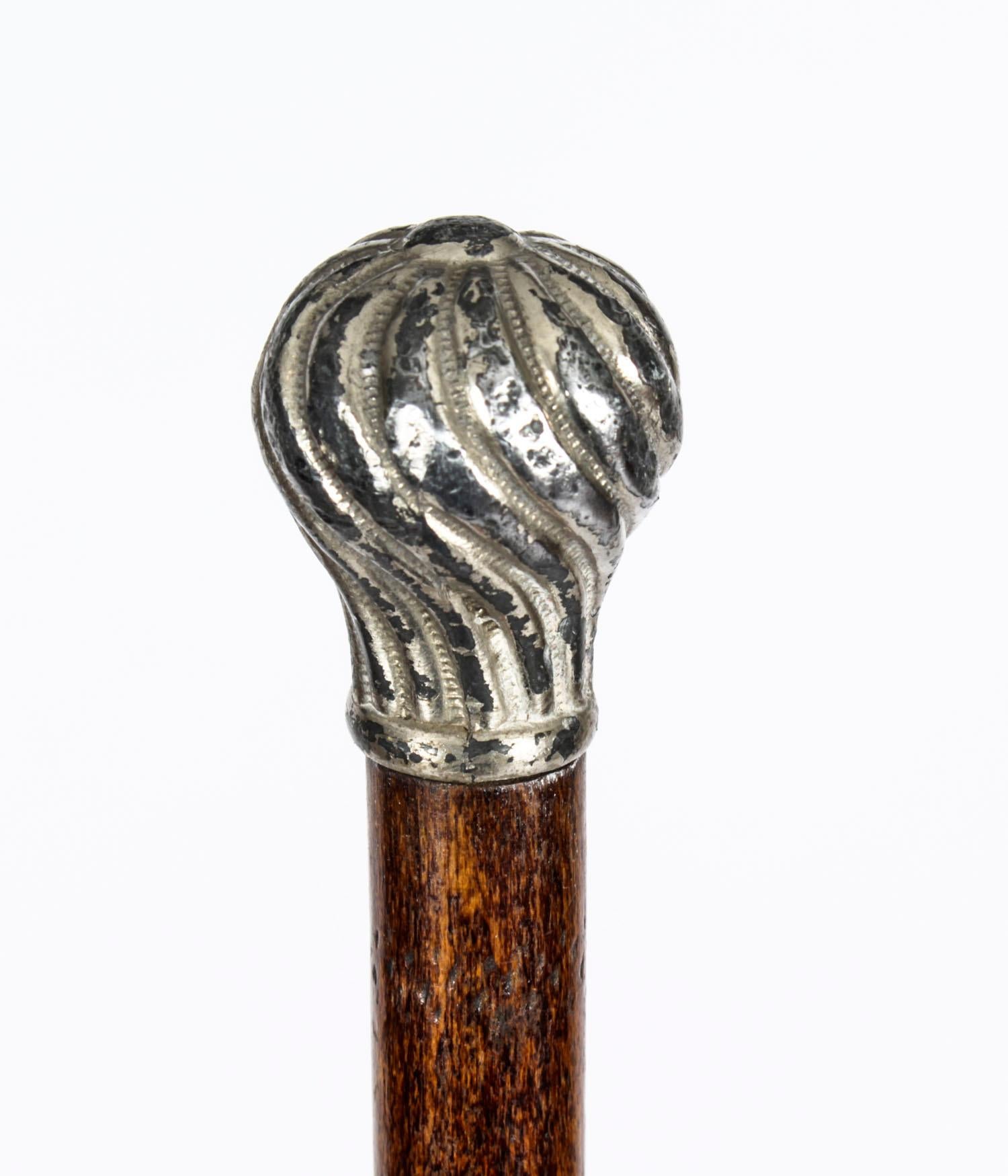 Late 19th Century Antique Ladies Silver Plated Malacca Walking Stick Cane, 19th Century
