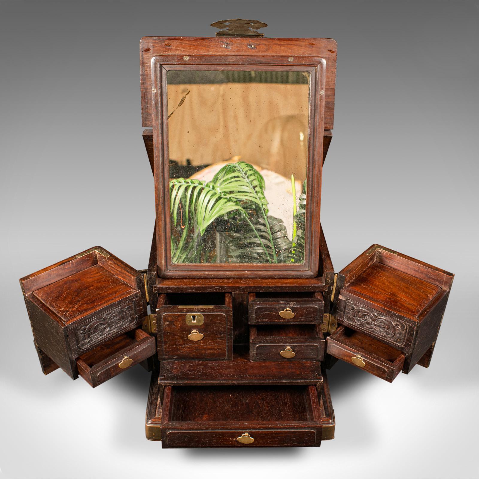 Antique Ladies Travelling Vanity Box, Chinese, Elm, Brass, Dressing Table Case 7