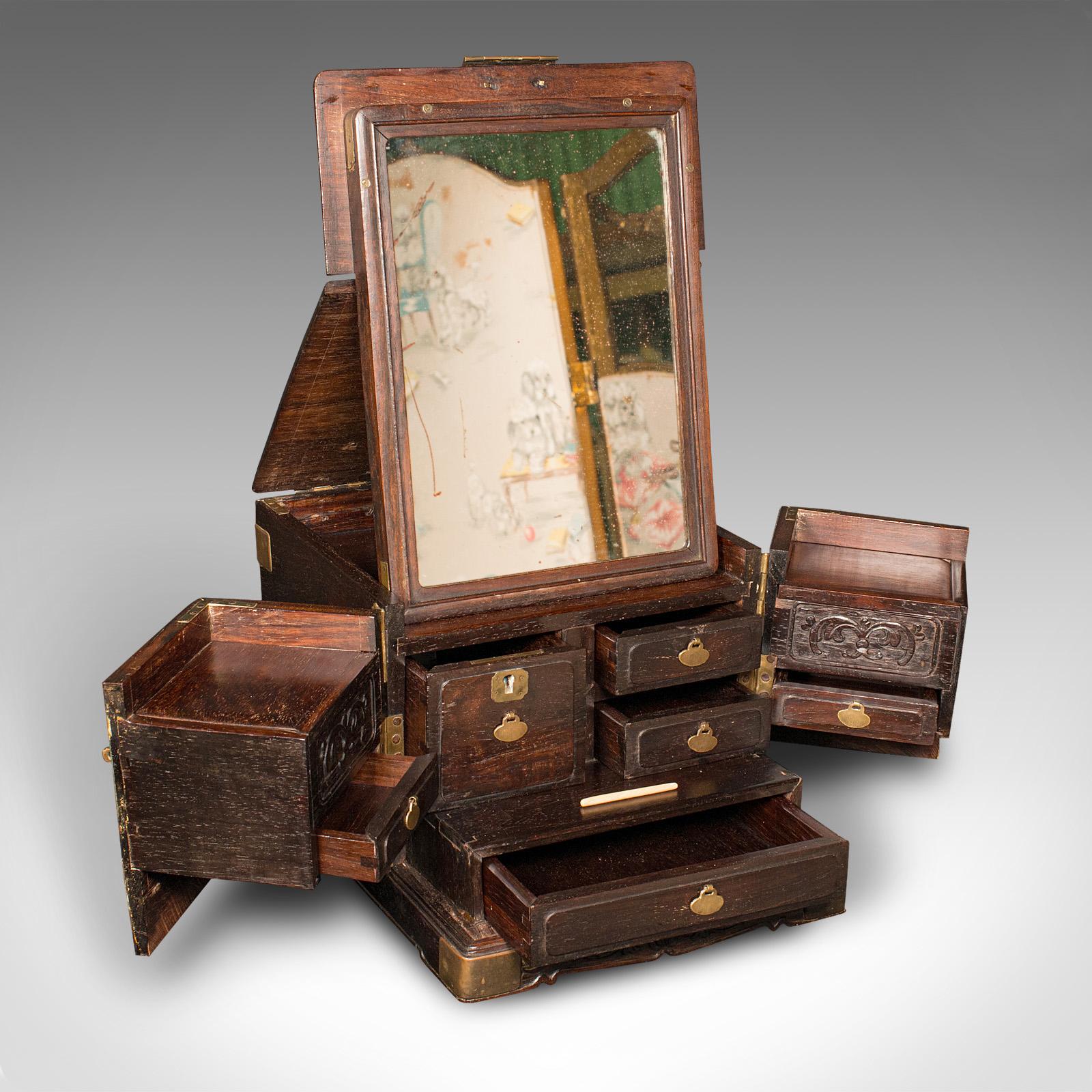 Georgian Antique Ladies Travelling Vanity Box, Chinese, Elm, Brass, Dressing Table Case