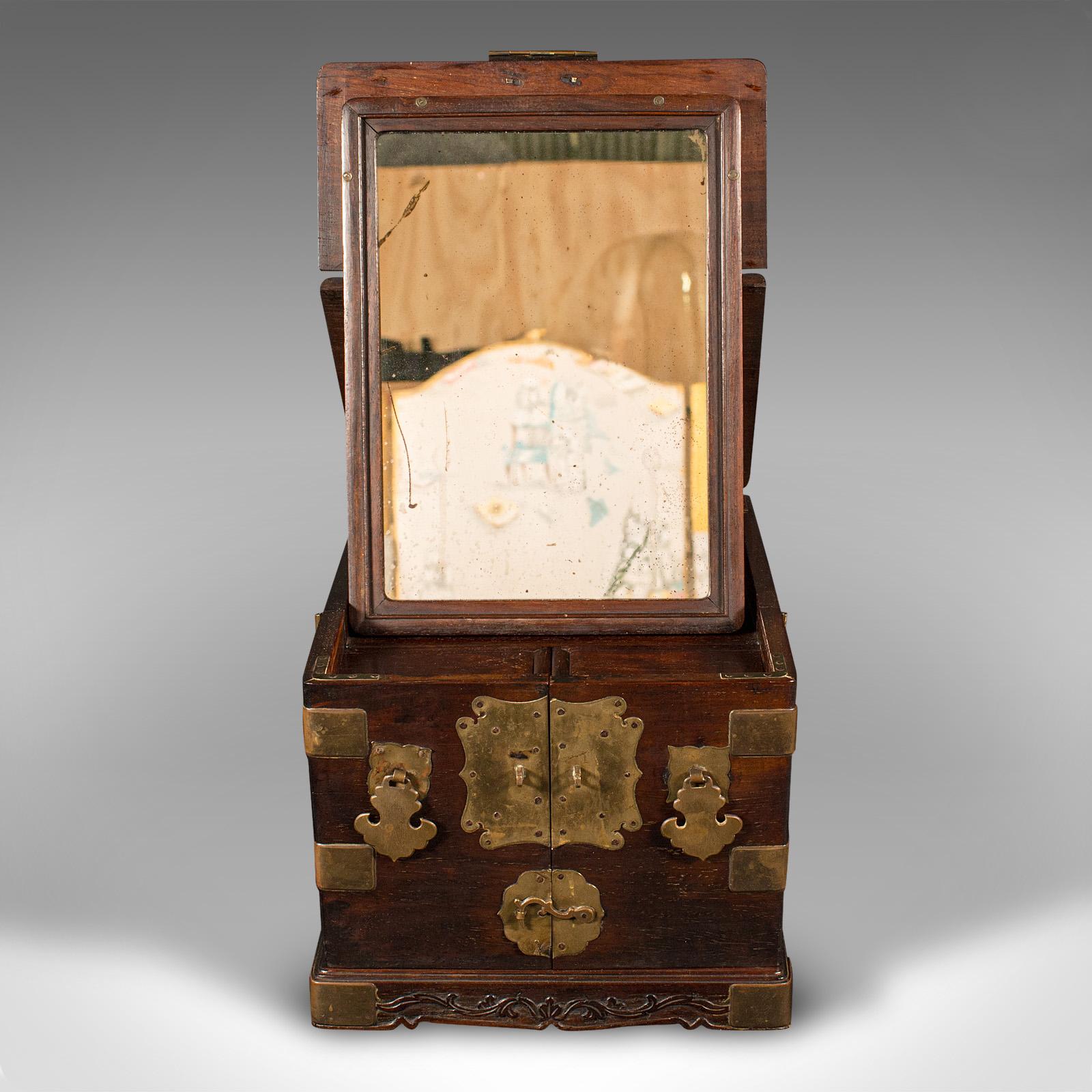 20th Century Antique Ladies Travelling Vanity Box, Chinese, Elm, Brass, Dressing Table Case