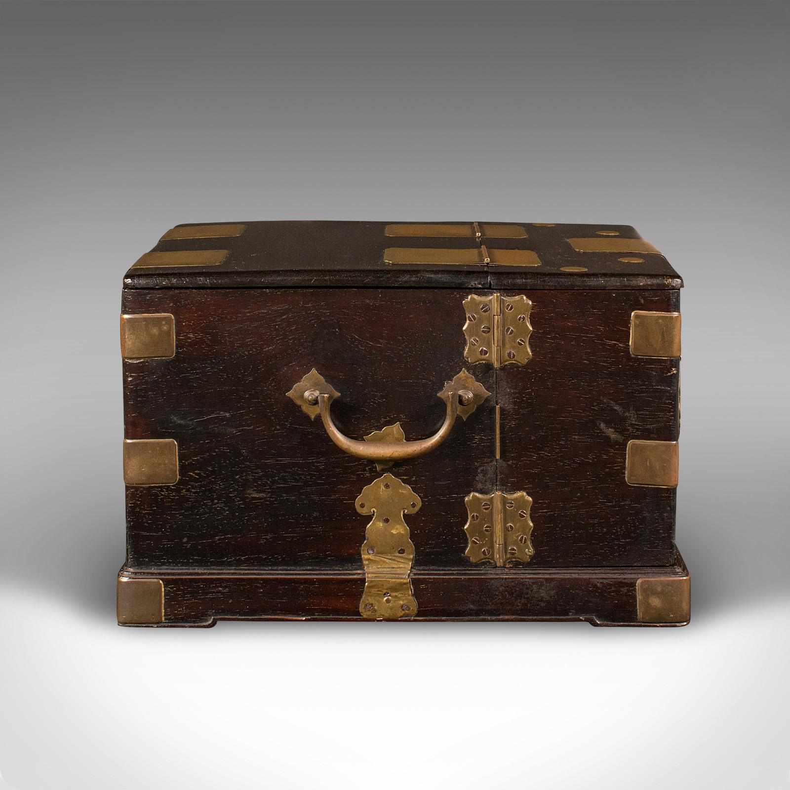 Antique Ladies Travelling Vanity Box, Chinese, Elm, Brass, Dressing Table Case 1