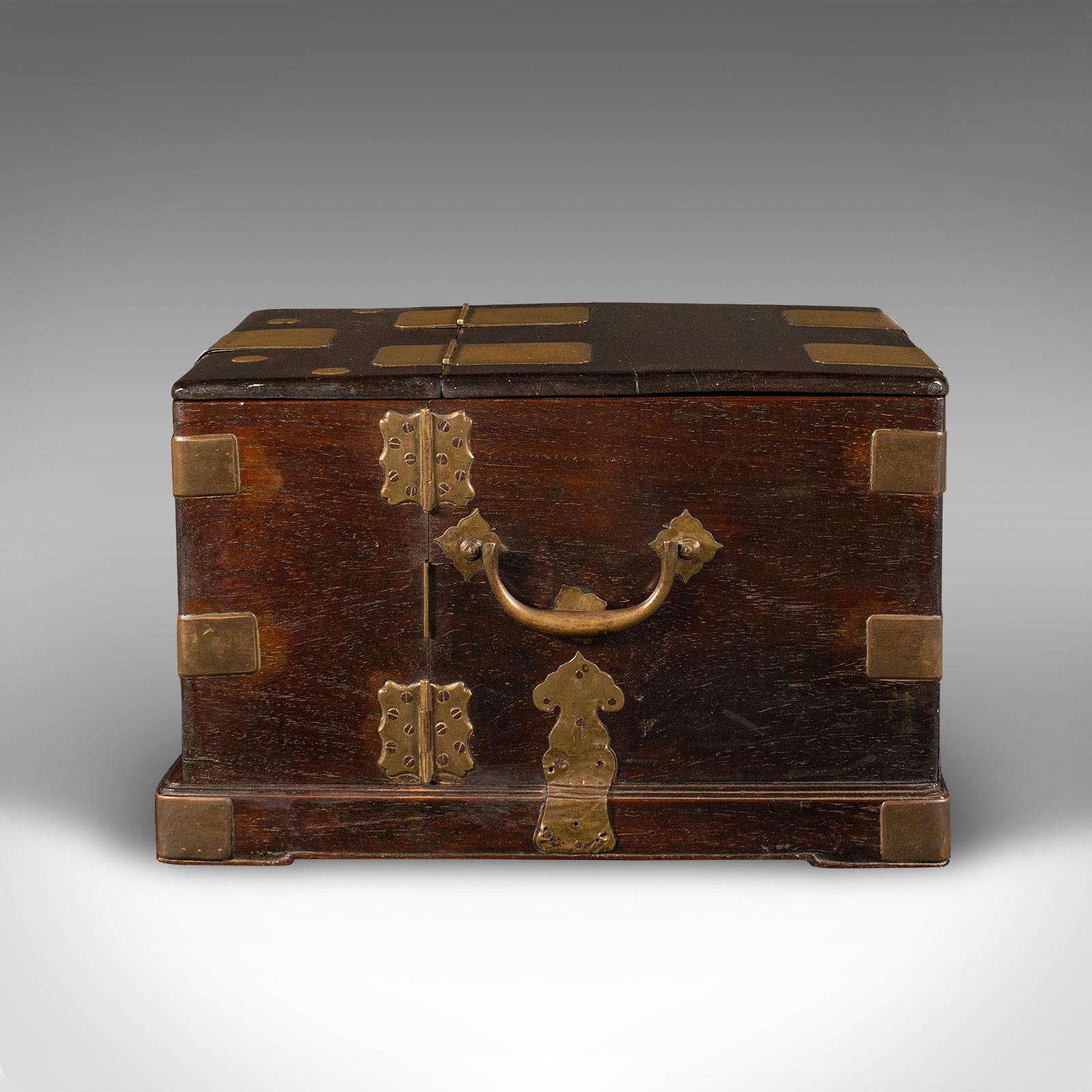 Antique Ladies Travelling Vanity Box, Chinese, Elm, Brass, Dressing Table Case 2