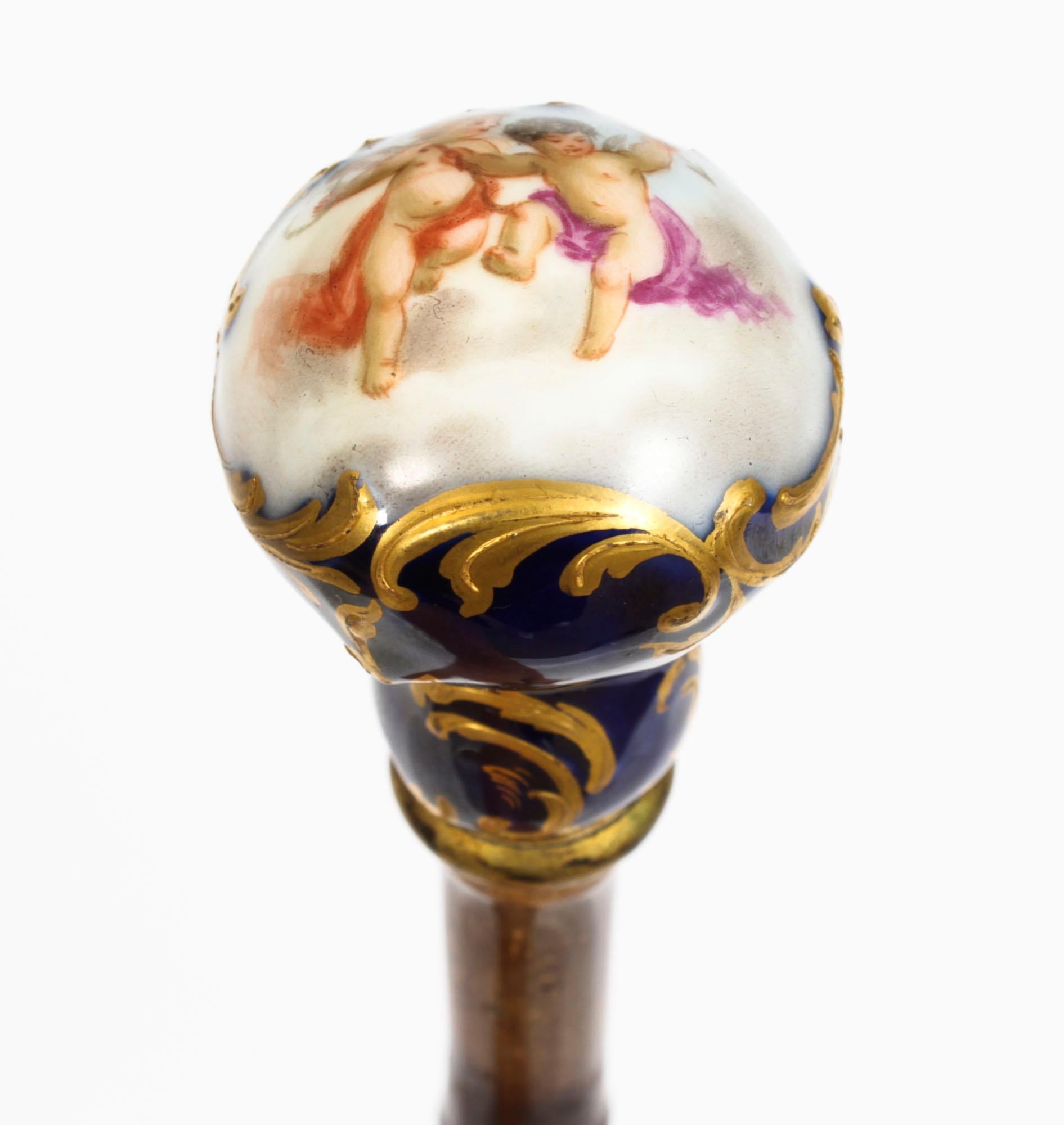 Antique Ladies Walking Cane Stick with Sevres Porcelain Handle 19th Century In Good Condition In London, GB