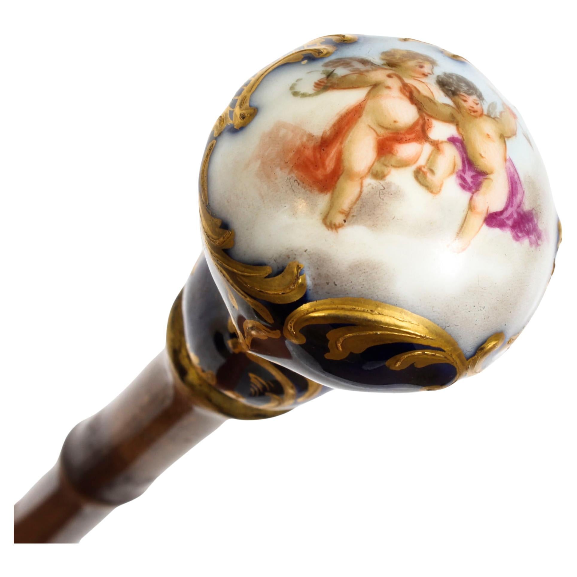 Antique Ladies Walking Cane Stick with Sevres Porcelain Handle 19th Century