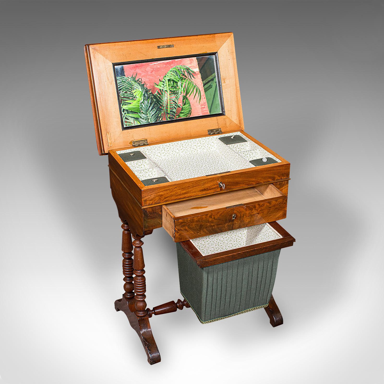 This is an antique ladies work box. An English, flame mahogany sewing or haberdashery table, dating to the Victorian period, circa 1870.

Beautifully figured example with delightful features and form
Displays a desirable aged patina and in good