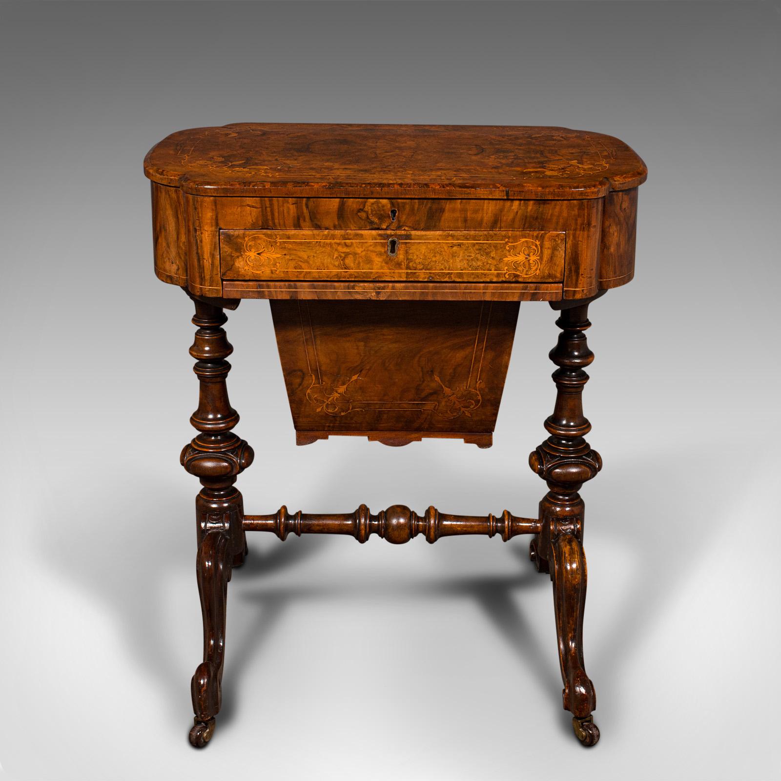 British Antique Ladies Work Table, English, Walnut, Writing, Waring & Gillow, Victorian For Sale