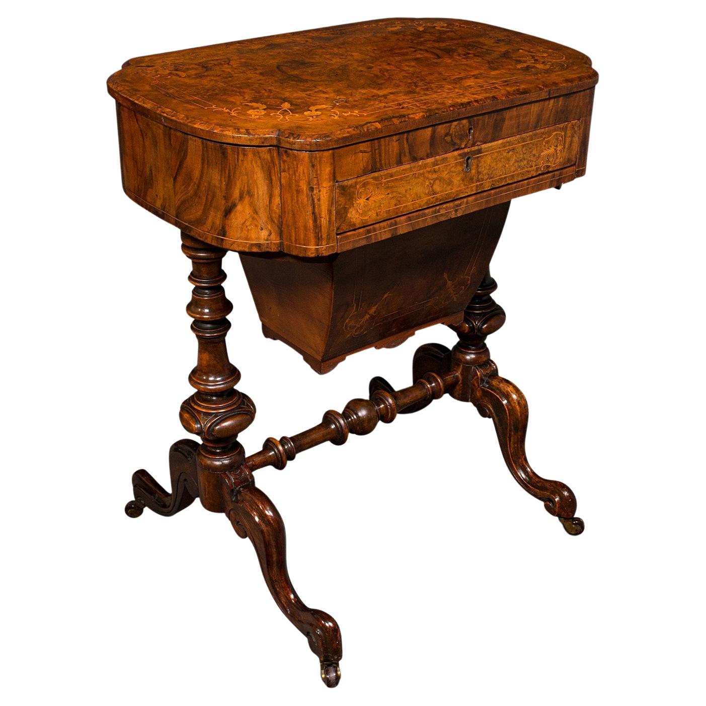 Antique Ladies Work Table, English, Walnut, Writing, Waring & Gillow, Victorian For Sale