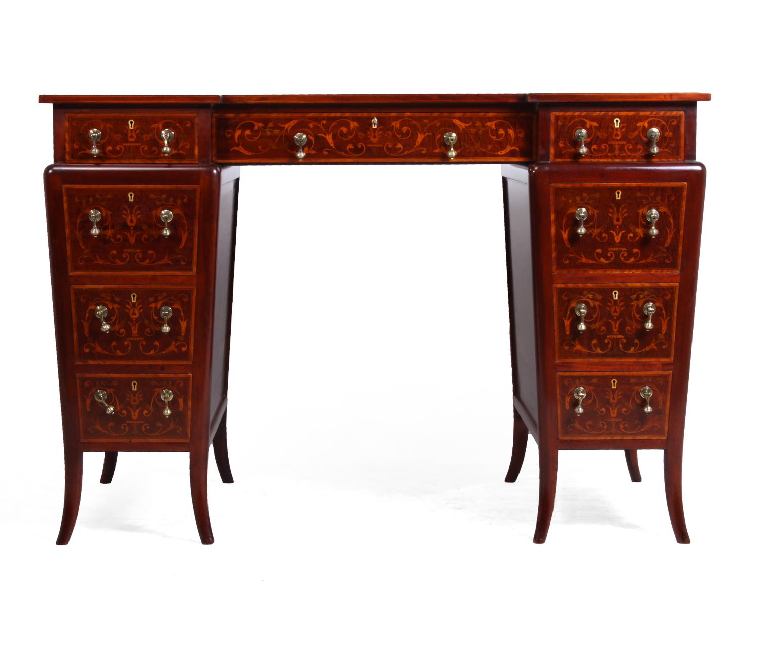Antique ladies writing desk by Edwards and Roberts, circa 1900
A very good quality late 19th century mahogany inlaid writing desk, stamped Edwards and Roberts. Having the original inset leather tooled top with satinwood cross-banding and ebony and