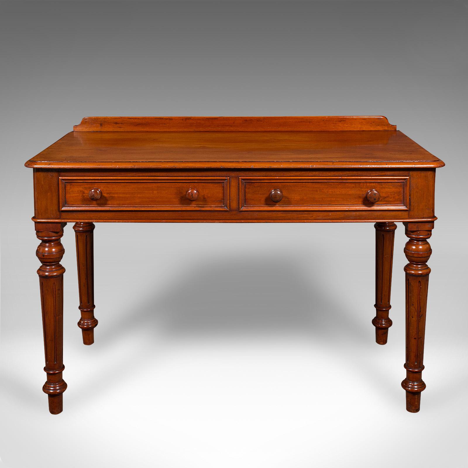 This is an antique ladies writing desk. An English, mahogany correspondence or side table, dating to the mid Victorian period, circa 1870.

Beautifully presented desk with fine craftsmanship
Displays a desirable aged patina and in good