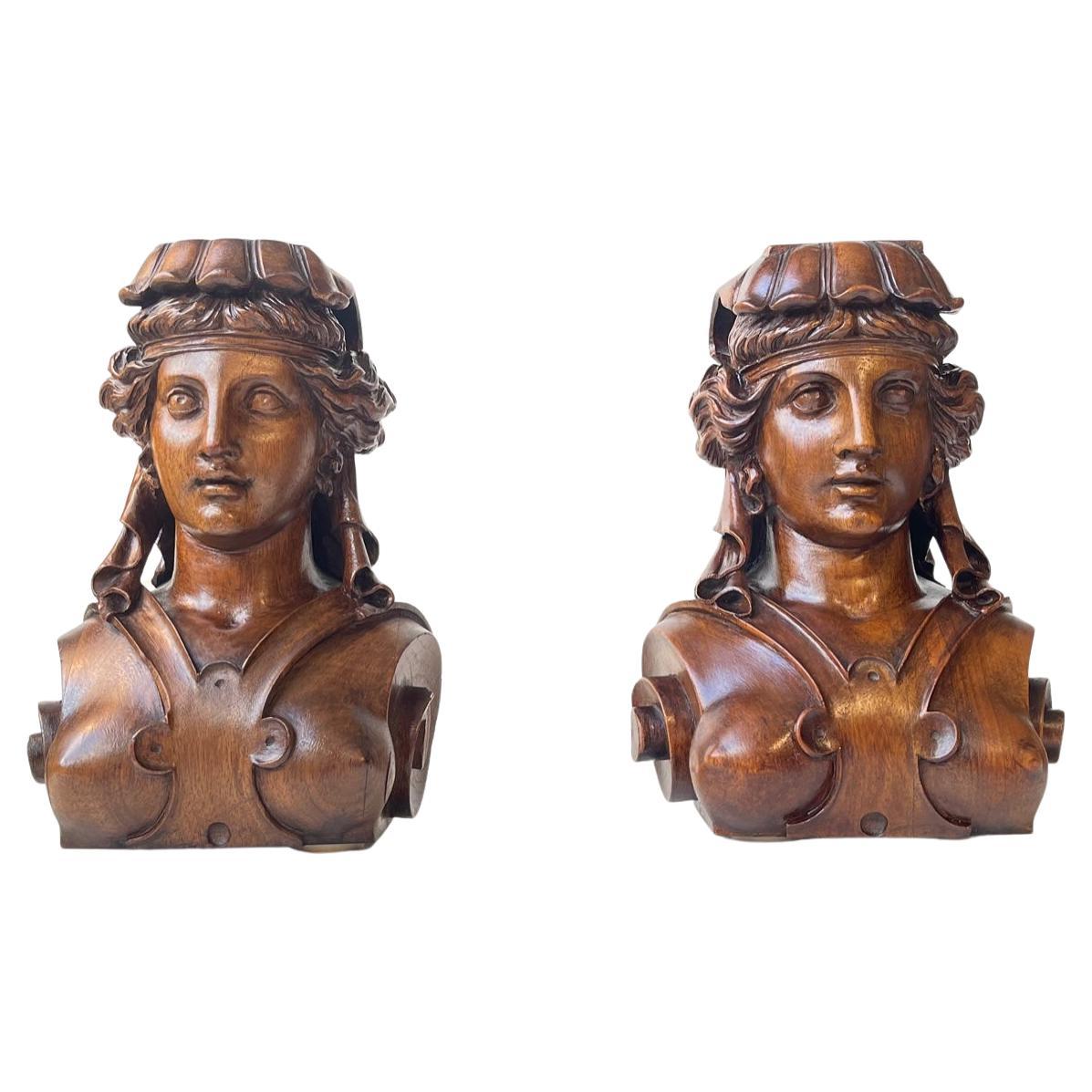 Antique Lady Liberty Bookends in Carved Mahogany, 19th Century, Set of 2 For Sale