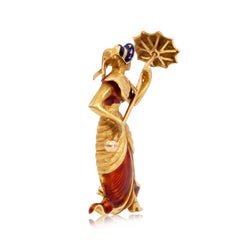 Antique Lady With An Umbrella Enamel Brooch in Yellow Gold