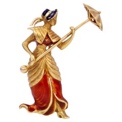 Antique Lady With An Umbrella Enamel Brooch in Yellow Gold