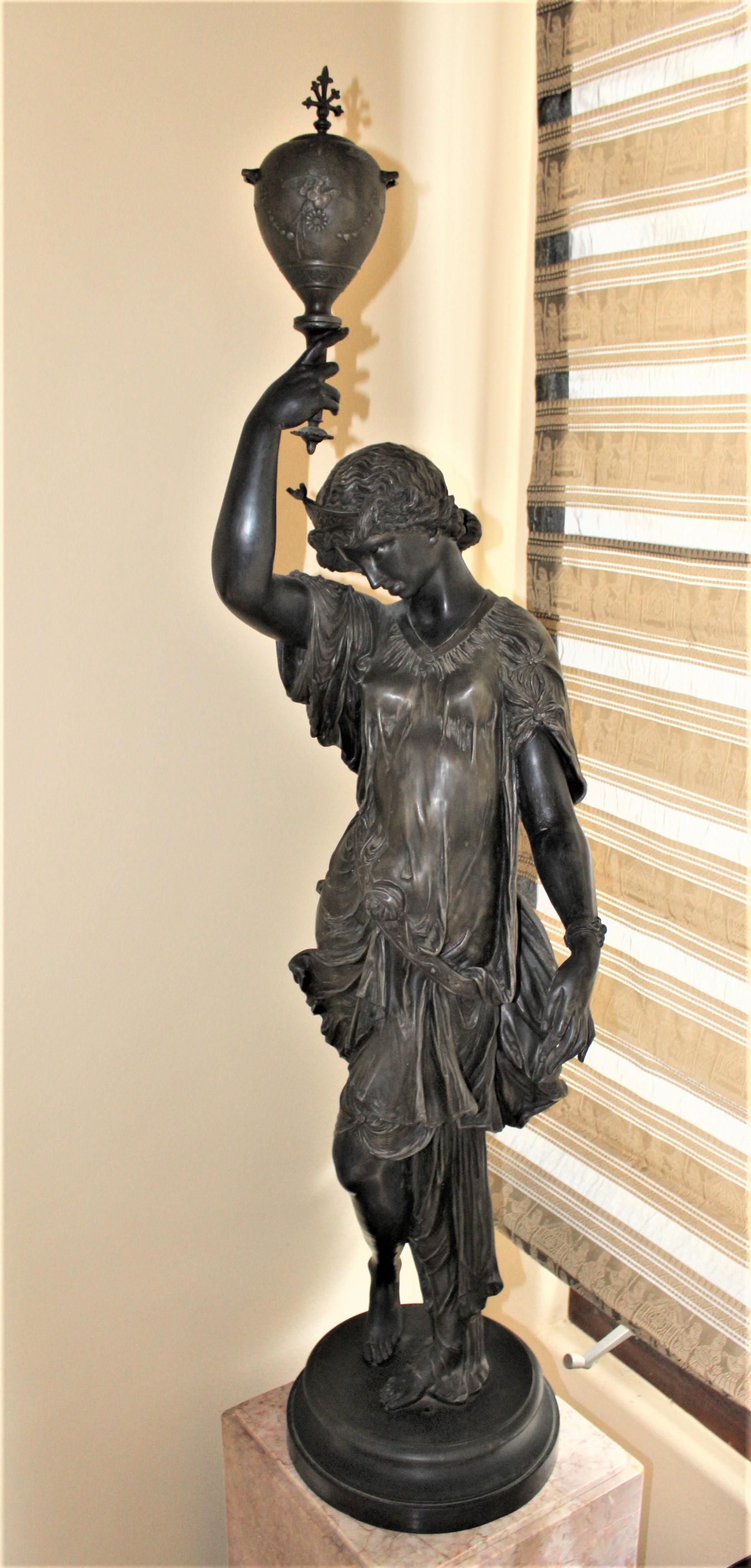 Antique Ladies, Newel Post Lamps, Art Nouveau, Spelter L& R Sides  very Large In Good Condition In Los Angeles, CA