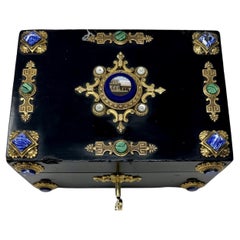 Antique Lady's Ormolu Jewellery Box Casket Micromosiac Lapis Lazuli Malachite   