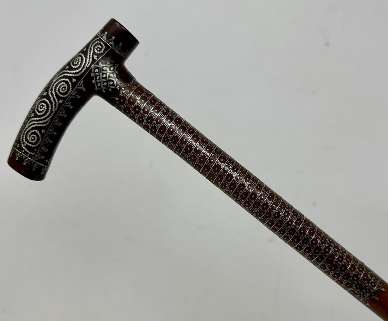 Victorian Antique Ladys Sterling Silver Claute Pique Malacca Tau Handle Walking Stick Cane For Sale