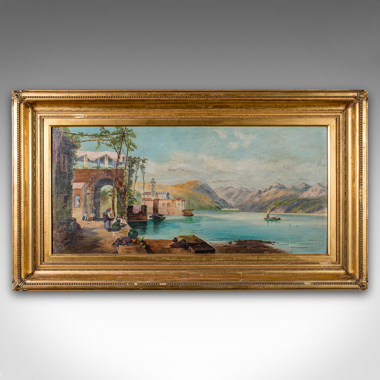 
Se trata de un cuadro antiguo de un paisaje lacustre. Cuadro al óleo sobre lienzo de la Continental School, de finales de la época victoriana, hacia 1900.

Atractiva escena continental con delicioso colorido y composición escénica
Muestra una