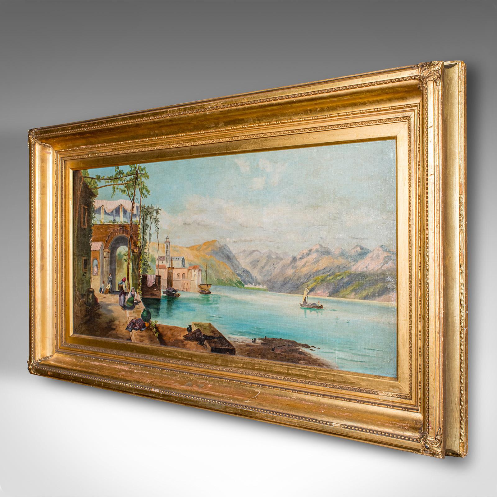 Pintura antigua Paisaje lacustre, Continental School, Óleo, Cuadro, Victorian Victoriano tardío en venta