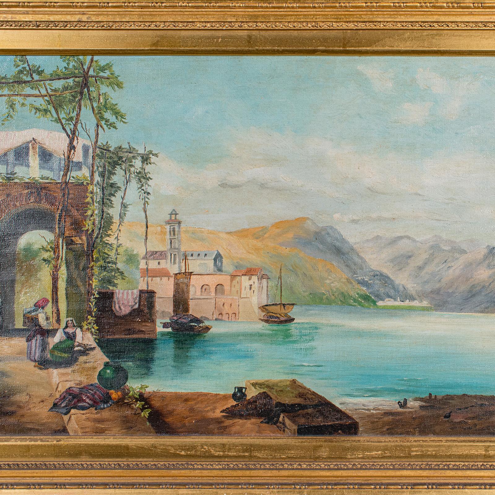 Pintura antigua Paisaje lacustre, Continental School, Óleo, Cuadro, Victorian en Bueno estado para la venta en Hele, Devon, GB